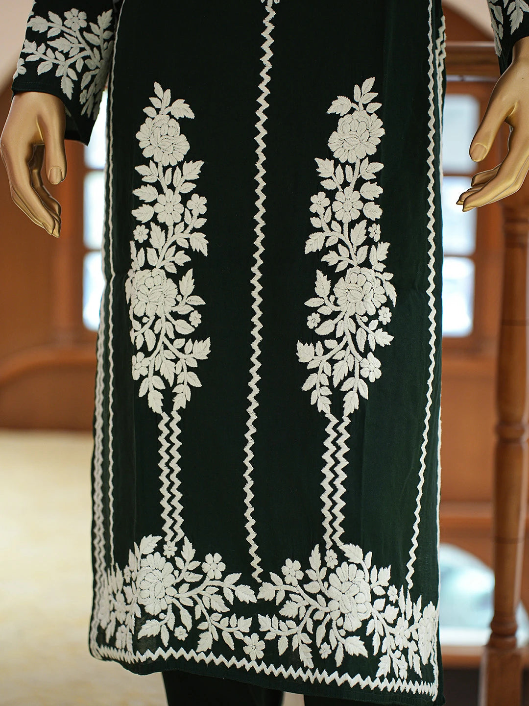 Ada Hand Embroidered Bottle Green Chanderi Lucknowi Chikankari Co-Ord Set 01A845991