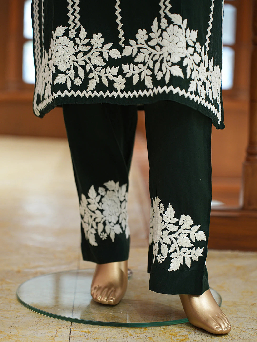 Ada Hand Embroidered Bottle Green Chanderi Lucknowi Chikankari Co-Ord Set 01A845991
