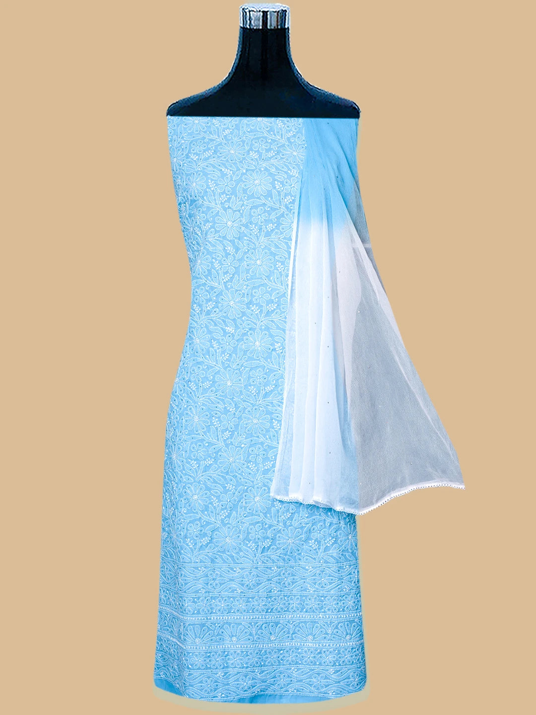 Ada Hand Embroidered Blue Cotton Lucknowi Chikankari Unstitched Suit Piece With Mukaish Work 01A847358
