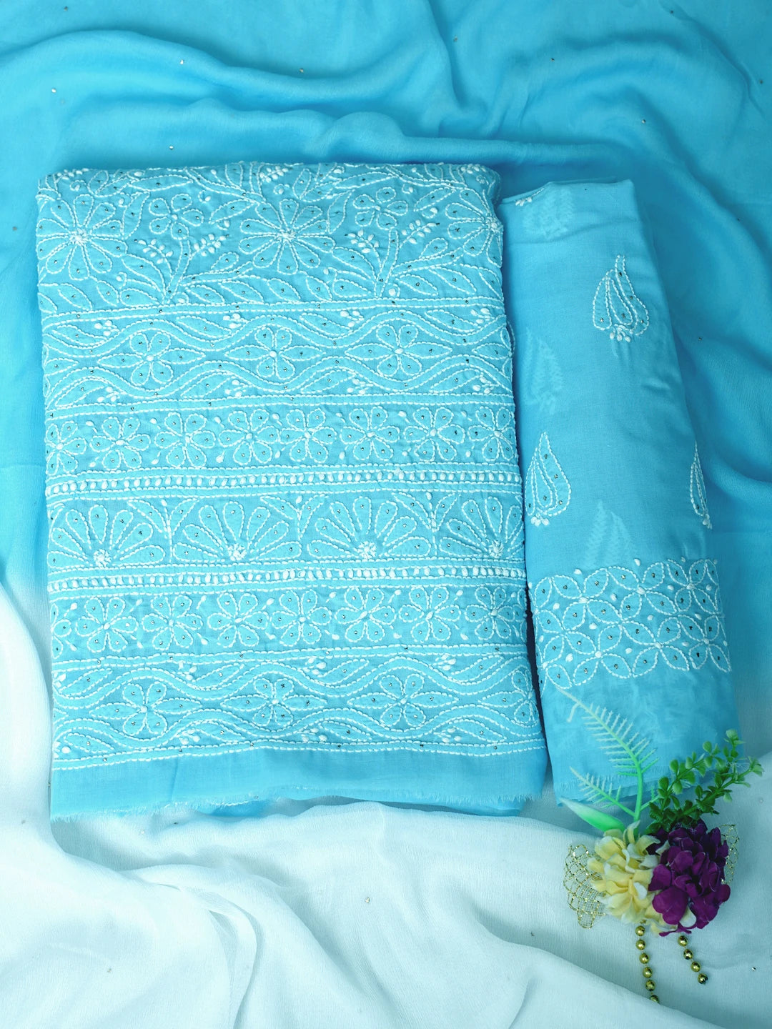 Ada Hand Embroidered Blue Cotton Lucknowi Chikankari Unstitched Suit Piece With Mukaish Work 01A847358