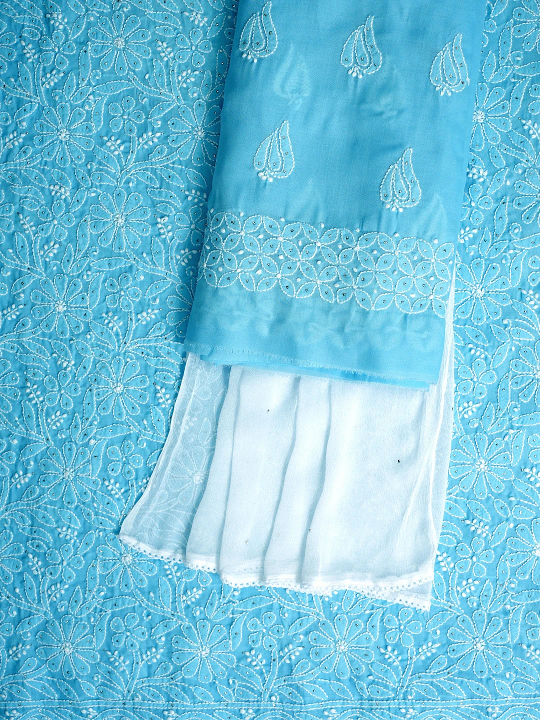 Ada Hand Embroidered Blue Cotton Lucknowi Chikankari Unstitched Suit Piece With Mukaish Work 01A847358