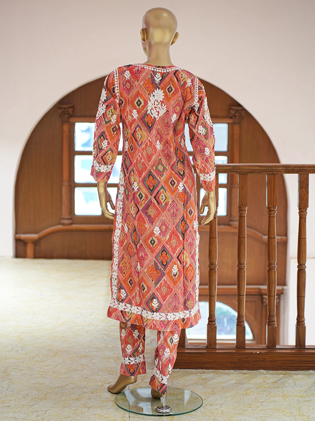 Ada Hand Embroidered Carrot Pink Chanderi Silk Lucknowi Chikankari Co-Ord Set 01A835339