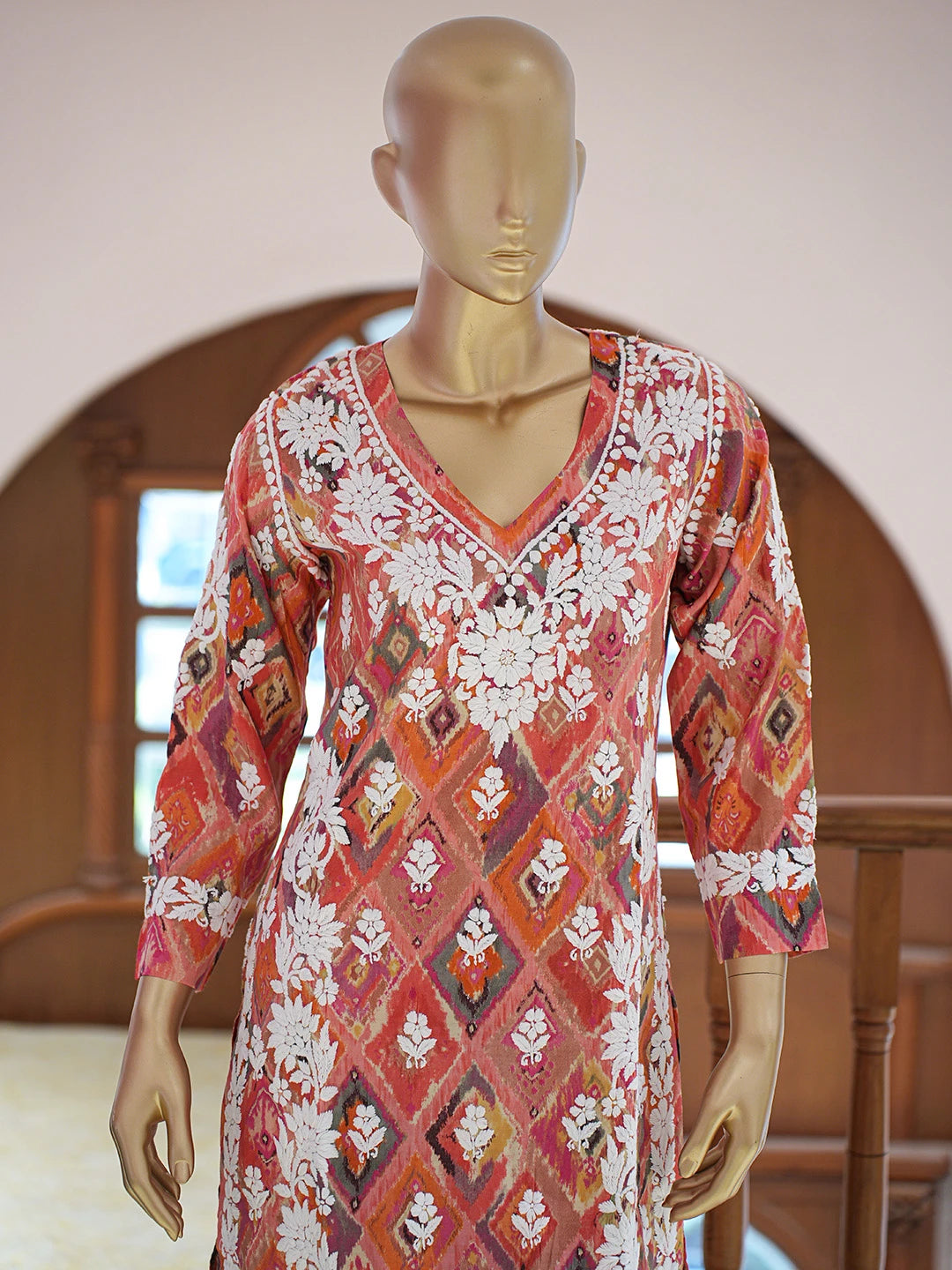Ada Hand Embroidered Carrot Pink Chanderi Silk Lucknowi Chikankari Co-Ord Set 01A835339