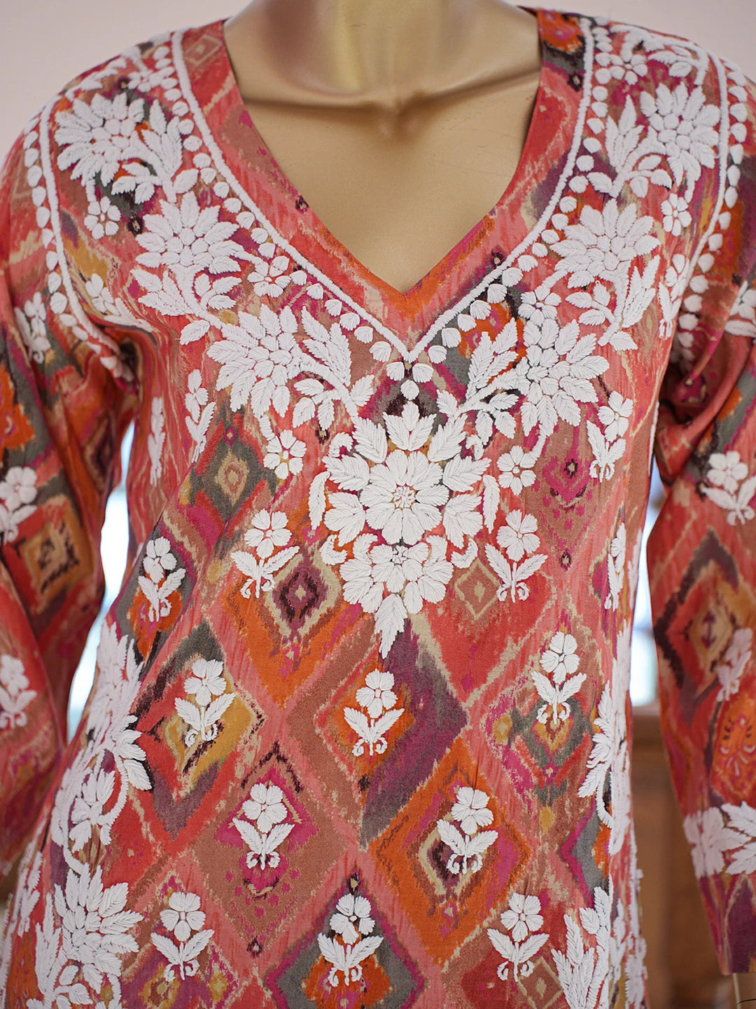 Ada Hand Embroidered Carrot Pink Chanderi Silk Lucknowi Chikankari Co-Ord Set 01A835339