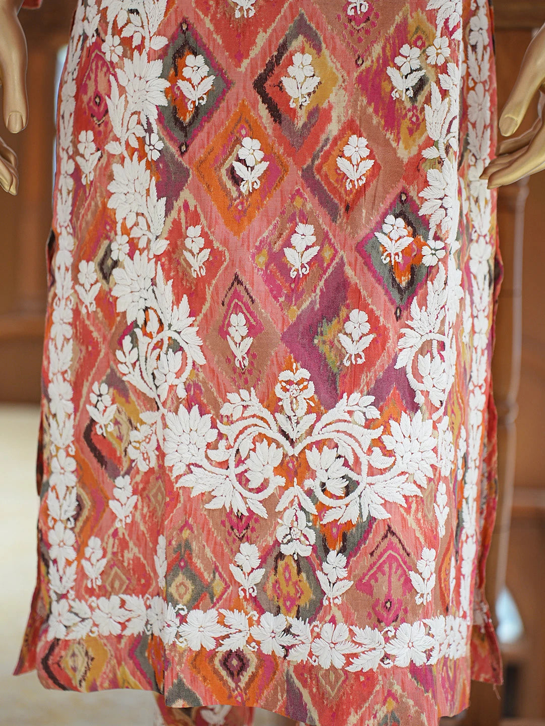 Ada Hand Embroidered Carrot Pink Chanderi Silk Lucknowi Chikankari Co-Ord Set 01A835339