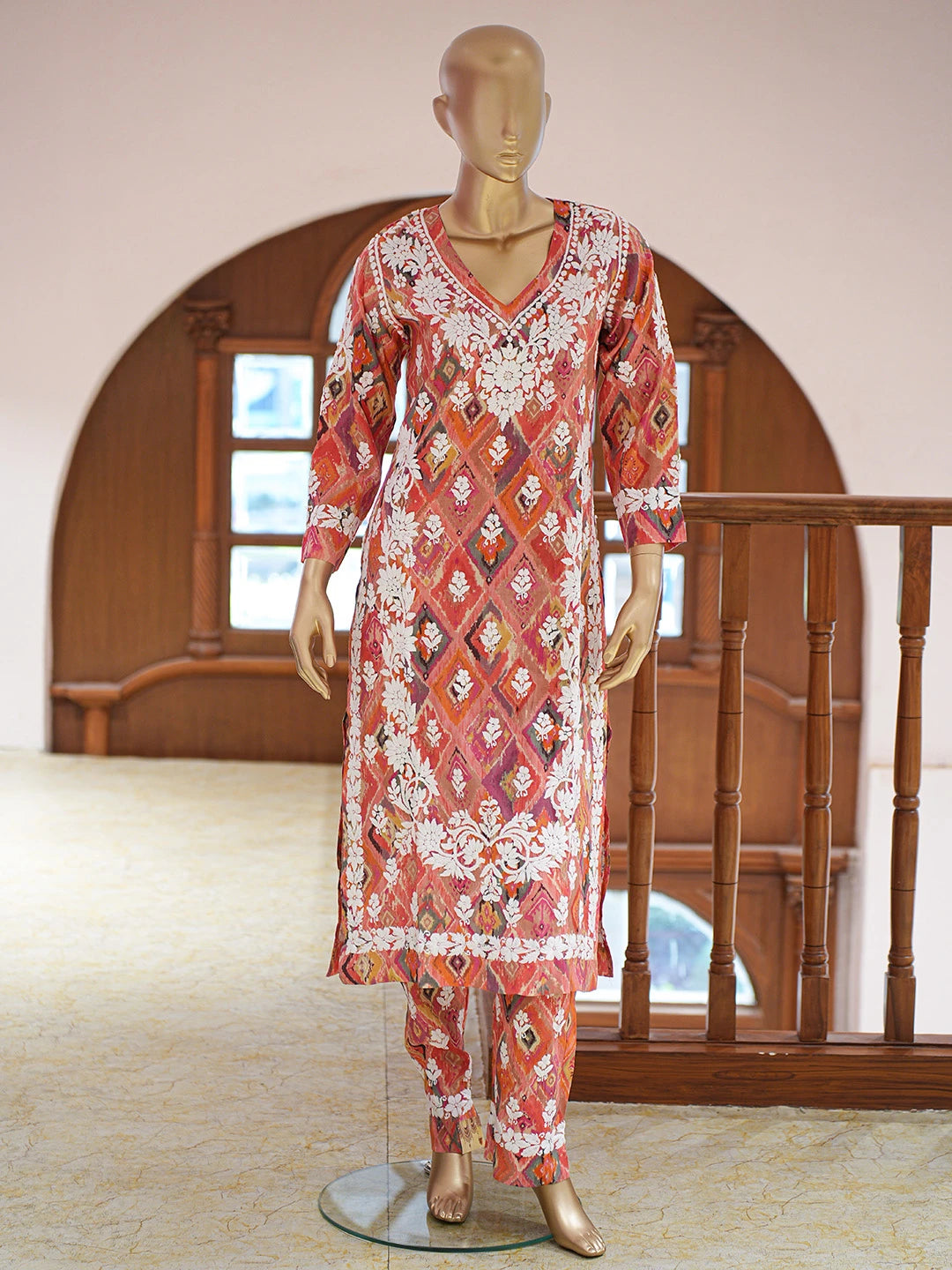 Ada Hand Embroidered Carrot Pink Chanderi Silk Lucknowi Chikankari Co-Ord Set 01A835339