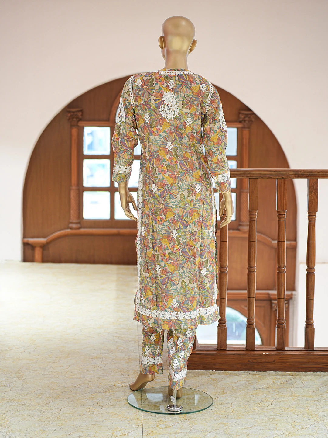Ada Hand Embroidered Floral Printed Fawn Chanderi Silk Lucknowi Chikankari Co-Ord Set 01A835305