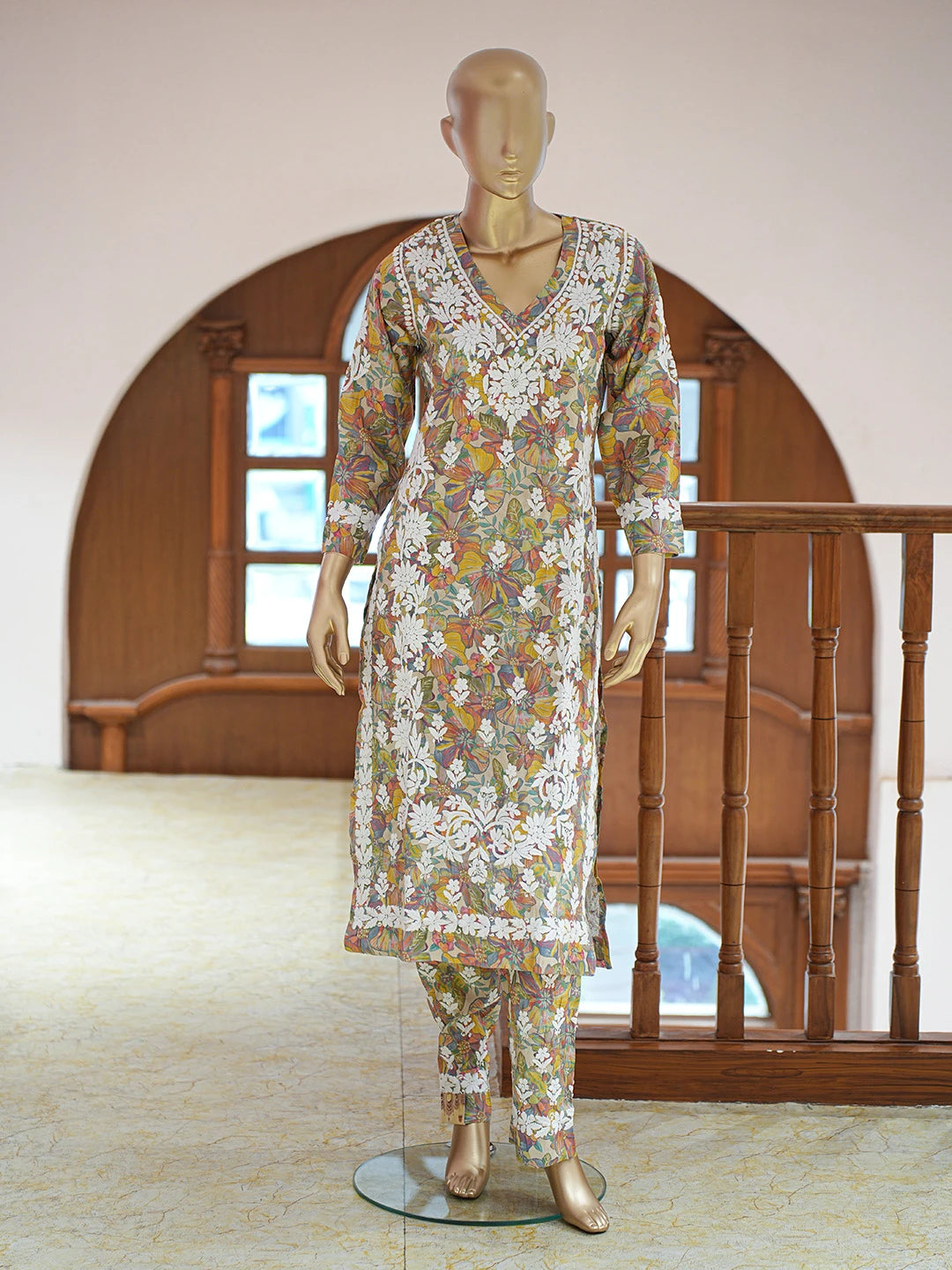 Ada Hand Embroidered Floral Printed Fawn Chanderi Silk Lucknowi Chikankari Co-Ord Set 01A835305