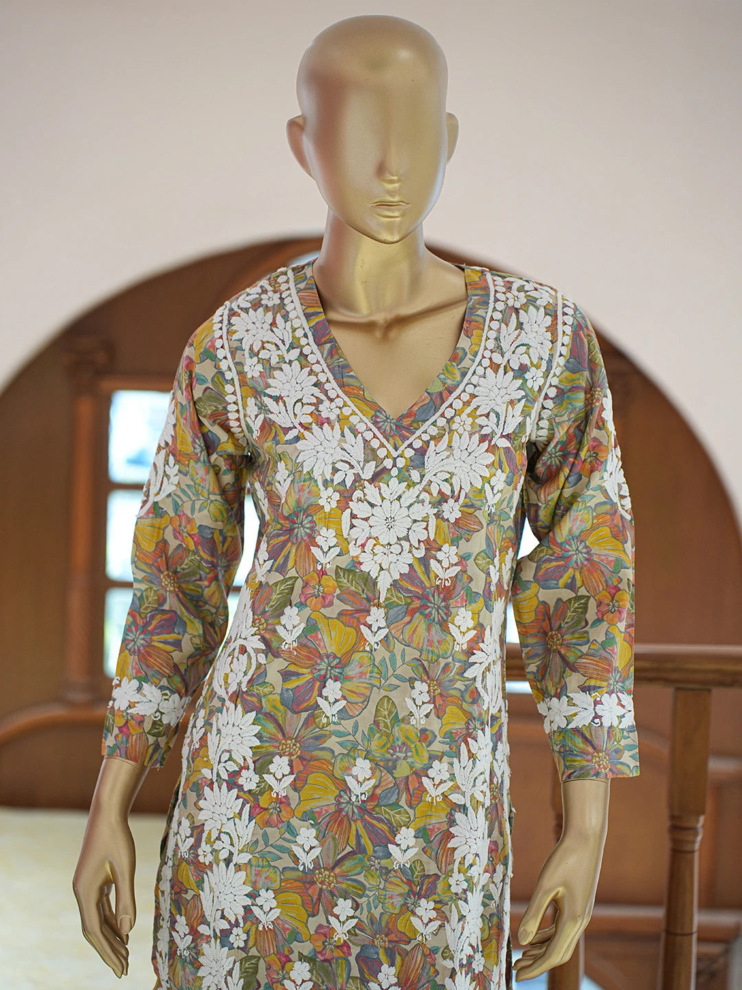 Ada Hand Embroidered Floral Printed Fawn Chanderi Silk Lucknowi Chikankari Co-Ord Set 01A835305