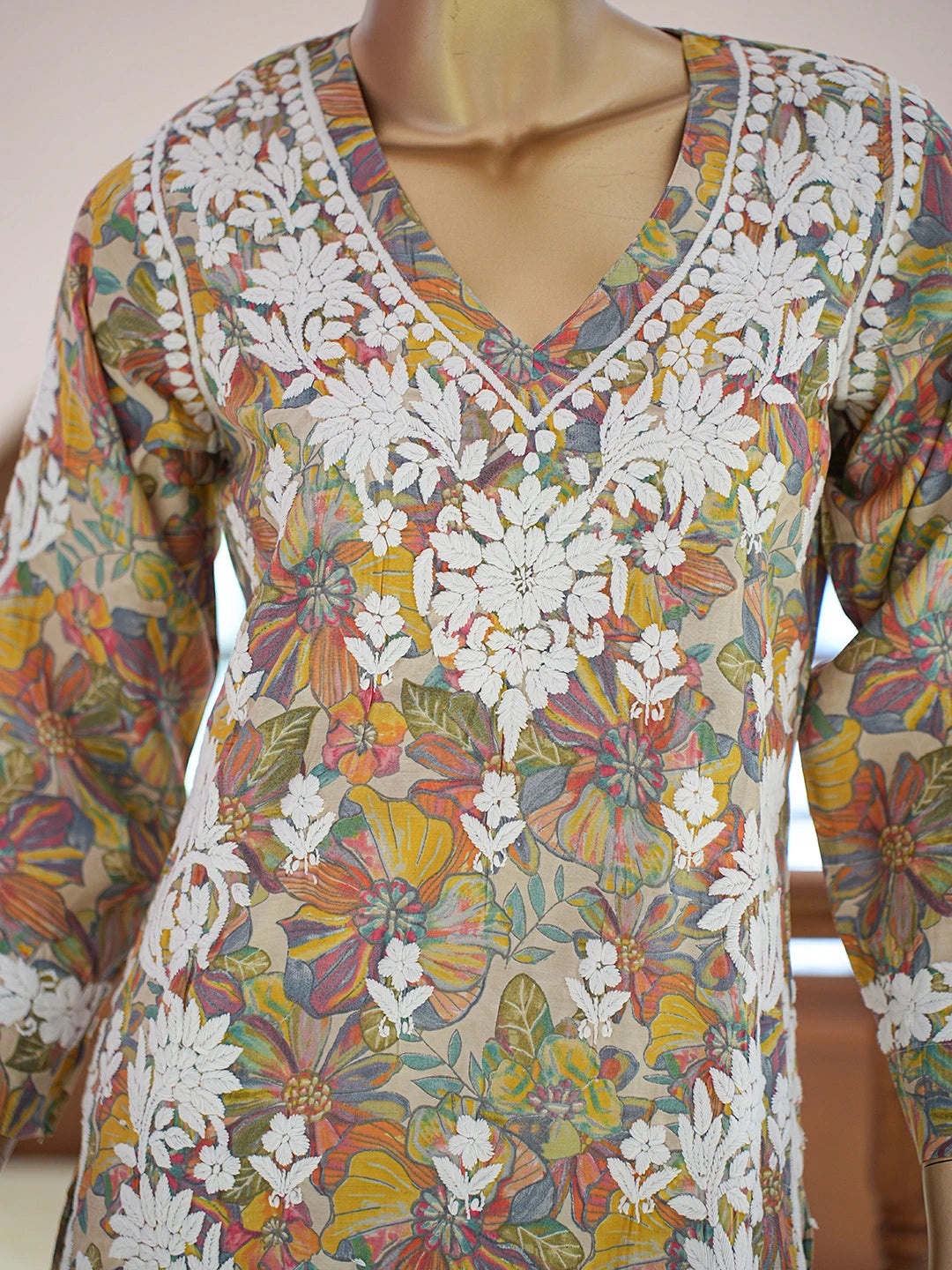 Ada Hand Embroidered Floral Printed Fawn Chanderi Silk Lucknowi Chikankari Co-Ord Set 01A835305