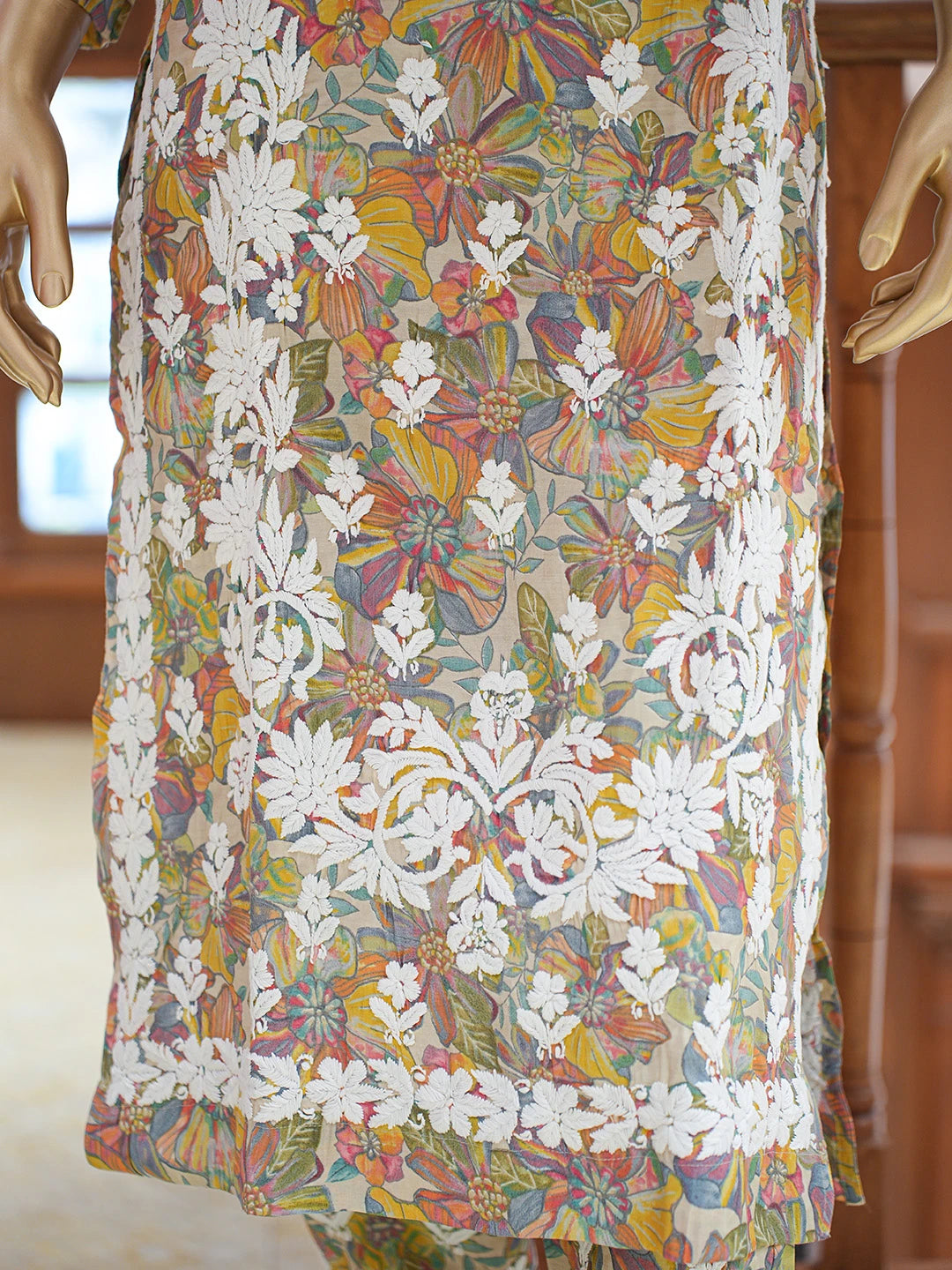 Ada Hand Embroidered Floral Printed Fawn Chanderi Silk Lucknowi Chikankari Co-Ord Set 01A835305