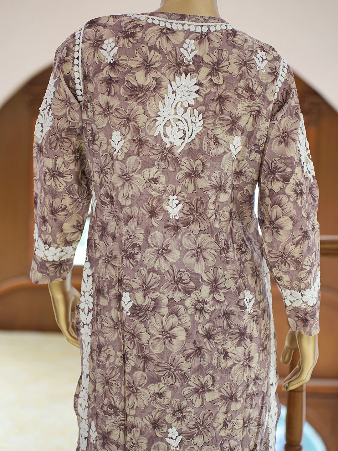 Ada Hand Embroidered Floral Printed Dusty Mauve Chanderi Silk Lucknowi Chikankari Co-Ord Set 01A835321