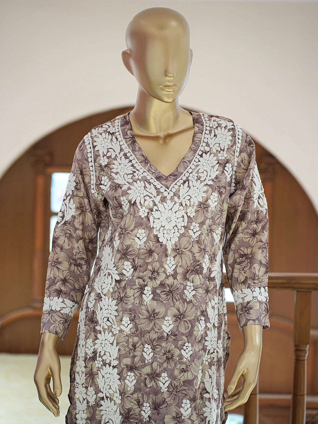 Ada Hand Embroidered Floral Printed Dusty Mauve Chanderi Silk Lucknowi Chikankari Co-Ord Set 01A835321