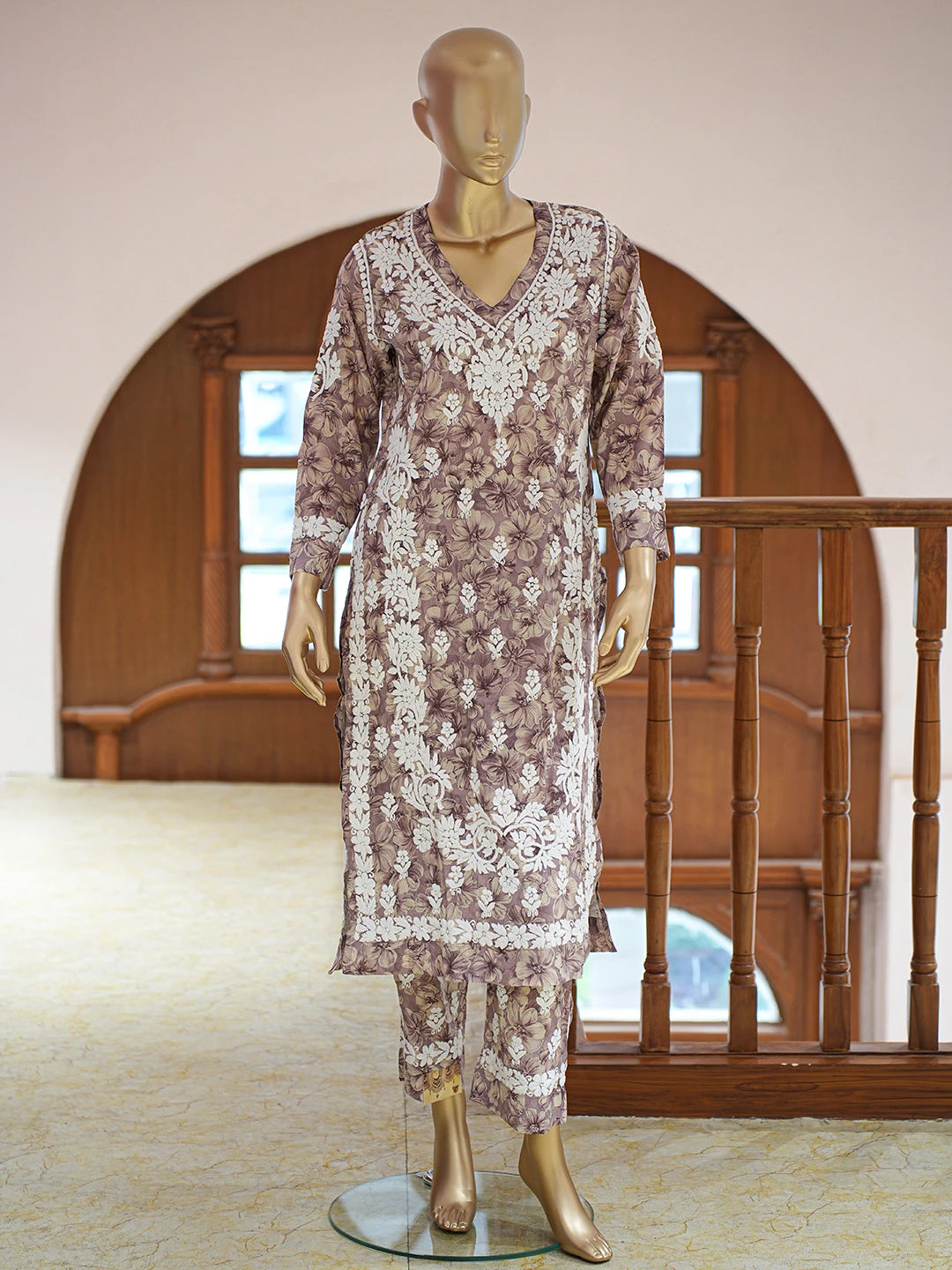 Ada Hand Embroidered Floral Printed Dusty Mauve Chanderi Silk Lucknowi Chikankari Co-Ord Set 01A835321