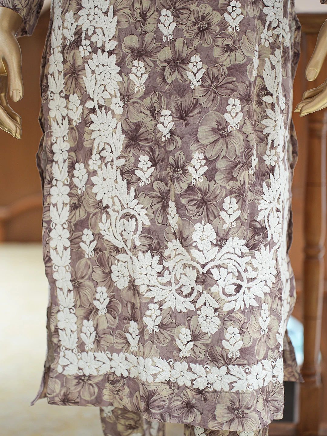 Ada Hand Embroidered Floral Printed Dusty Mauve Chanderi Silk Lucknowi Chikankari Co-Ord Set 01A835321