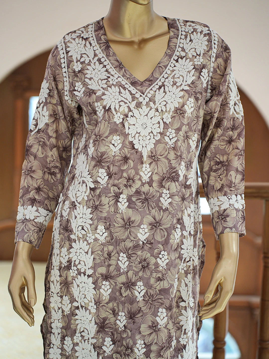 Ada Hand Embroidered Floral Printed Dusty Mauve Chanderi Silk Lucknowi Chikankari Co-Ord Set 01A835321