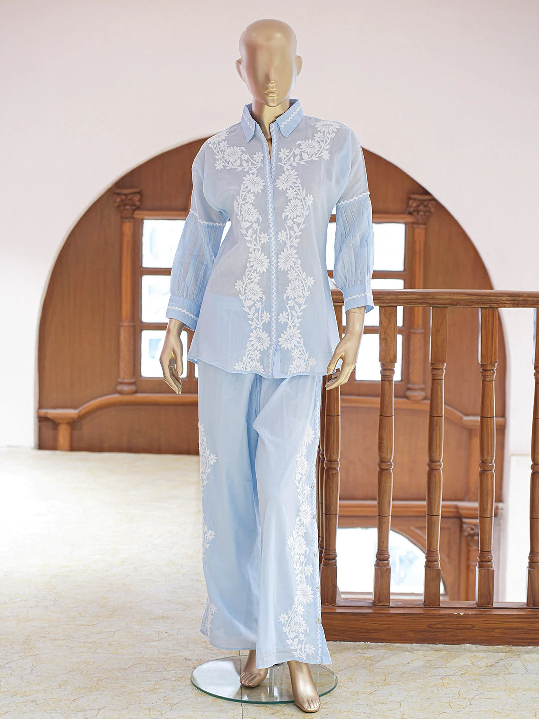 Ada Hand Embroidered Sky Blue Cotton Lucknowi Chikankari Co-Ord Set 01A840588