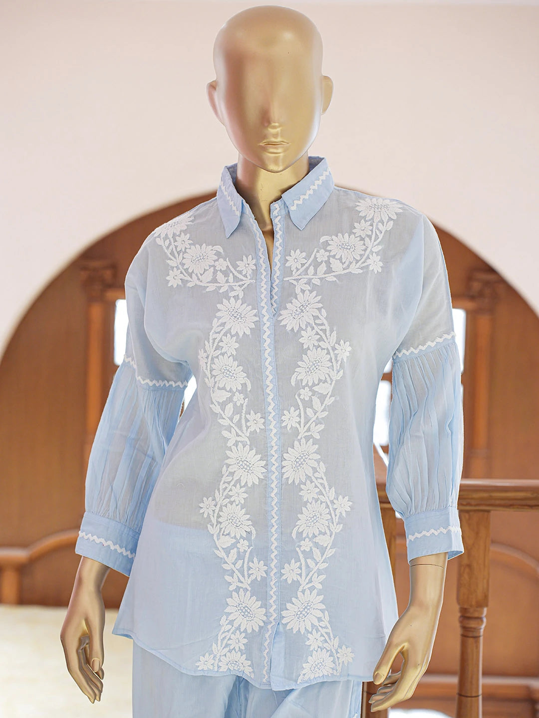 Ada Hand Embroidered Sky Blue Cotton Lucknowi Chikankari Co-Ord Set 01A840588