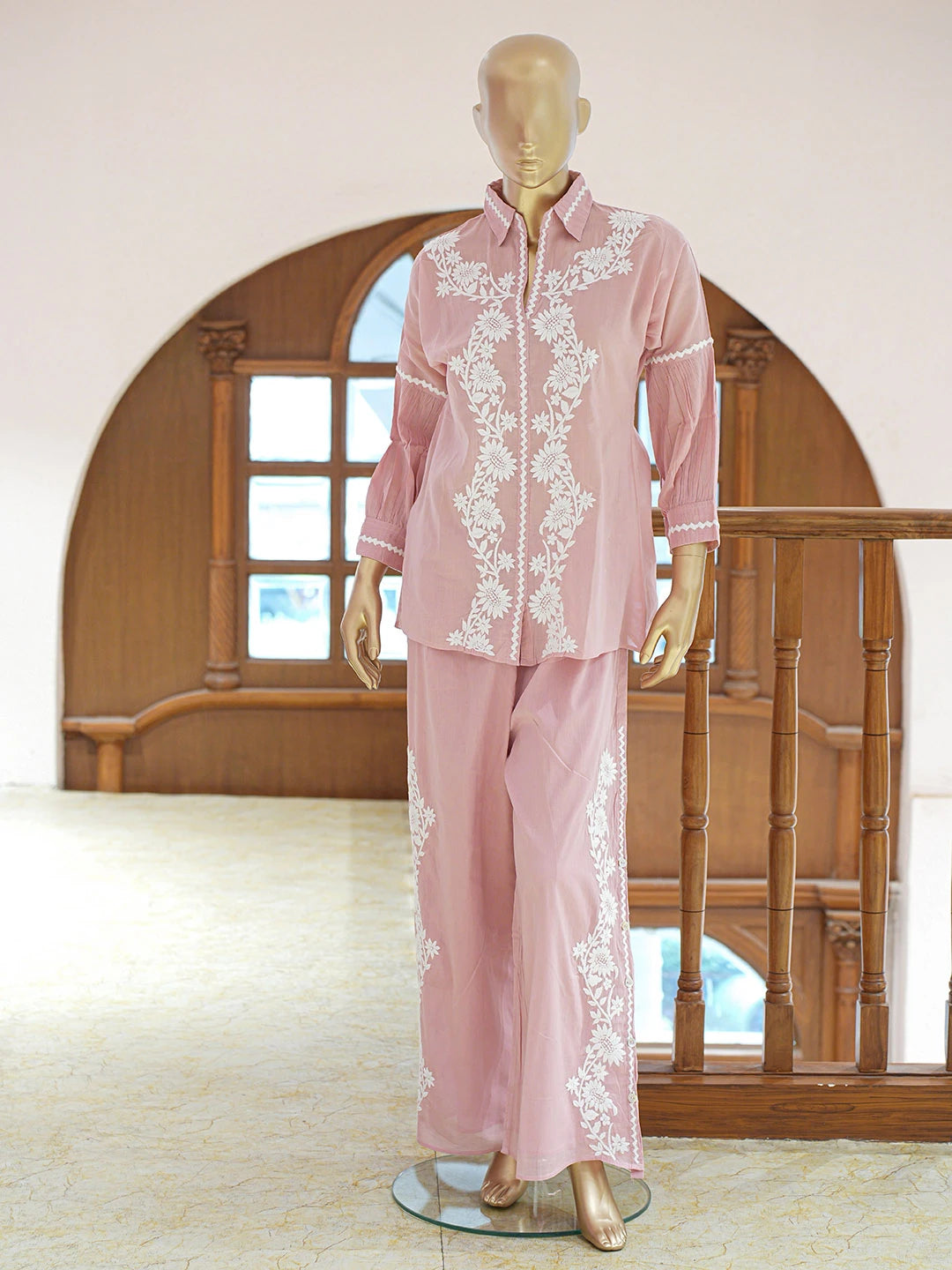 Ada Hand Embroidered Dusty Pink Cotton Lucknowi Chikankari Co-Ord Set 01A840572