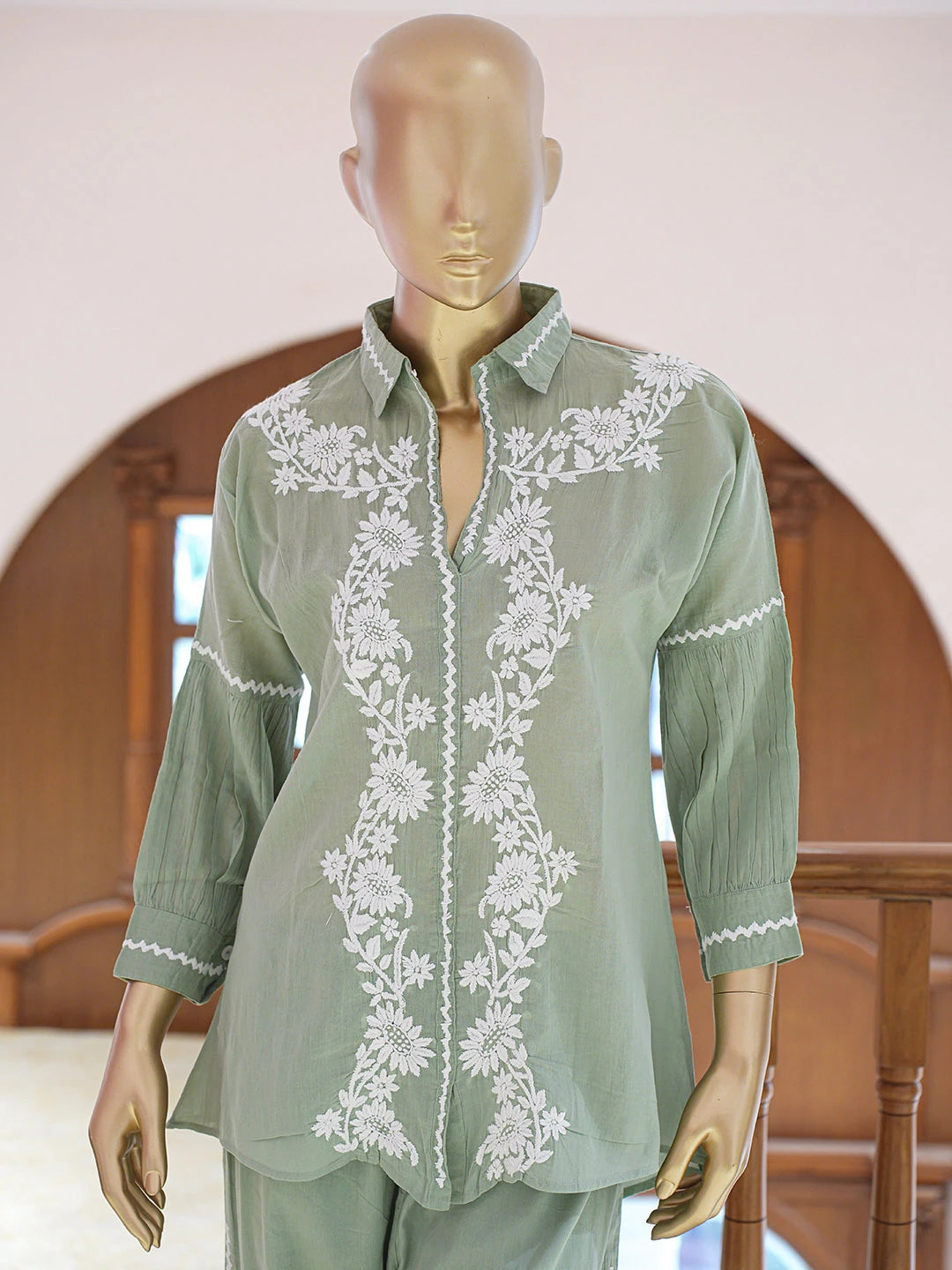 Ada Hand Embroidered Pistachio Green Cotton Lucknowi Chikankari Co-Ord Set 01A840545