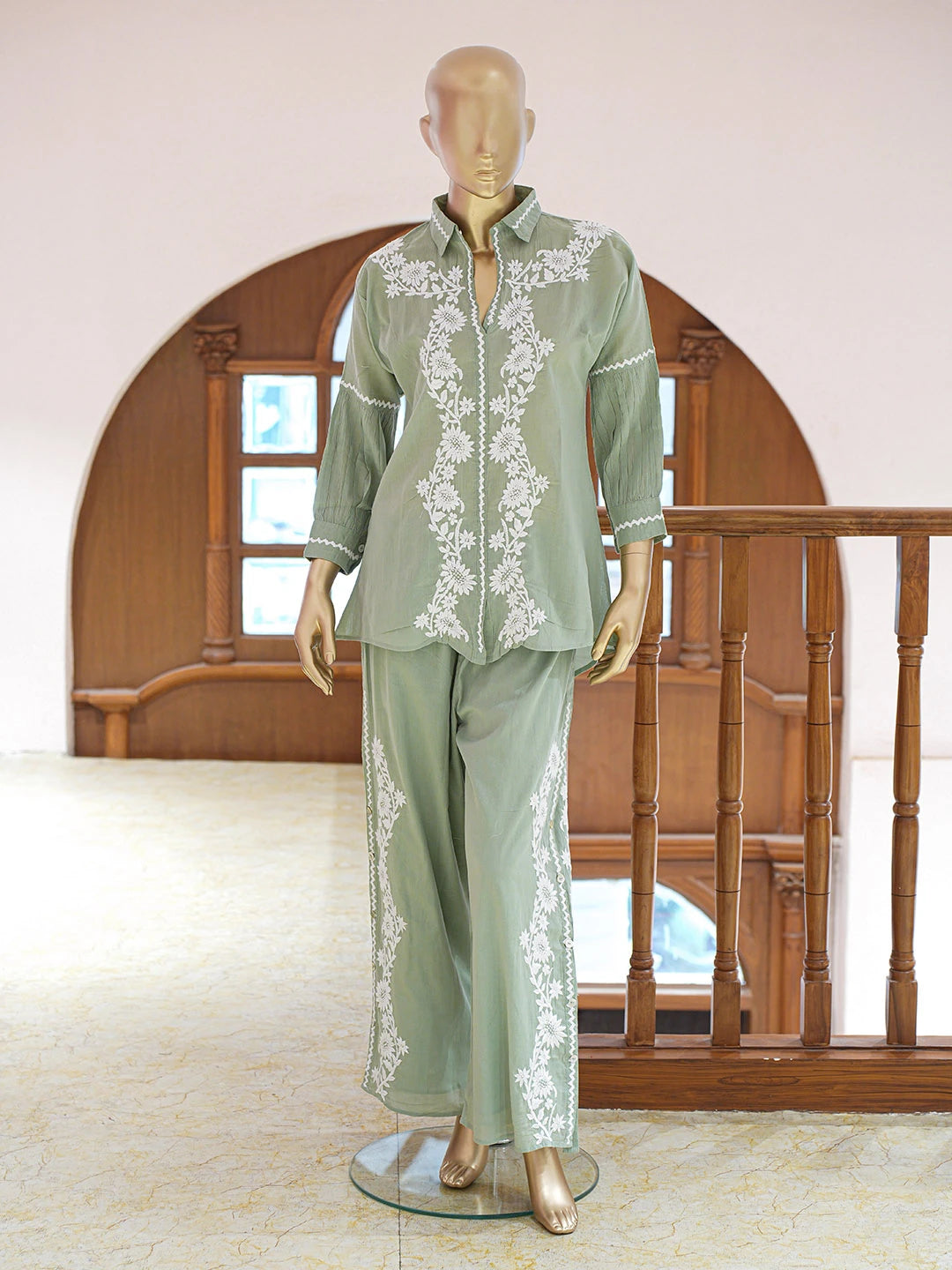 Ada Hand Embroidered Pistachio Green Cotton Lucknowi Chikankari Co-Ord Set 01A840545