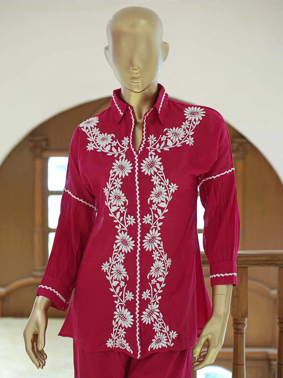 Ada Hand Embroidered Magenta Cotton Lucknowi Chikankari Co-Ord Set 01A840742