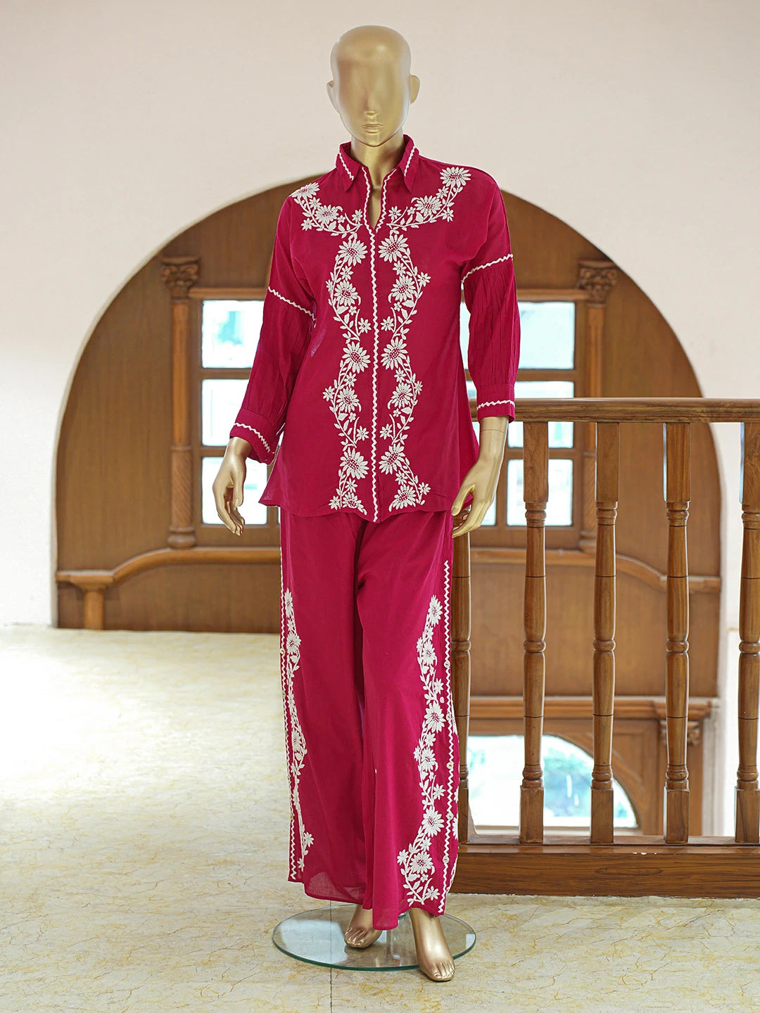 Ada Hand Embroidered Magenta Cotton Lucknowi Chikankari Co-Ord Set 01A840742