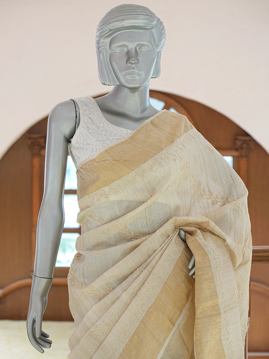 Ada Hand Embroidered Fawn Silk Lucknowi Chikankari Saree and Blouse 01A837059
