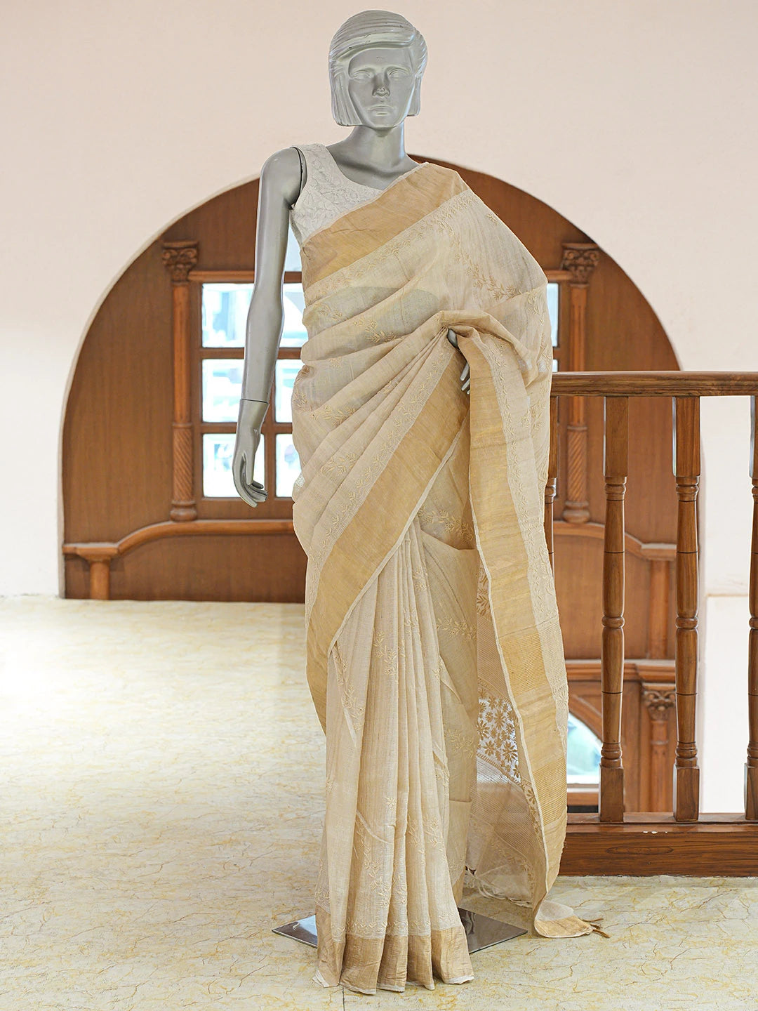 Ada Hand Embroidered Fawn Silk Lucknowi Chikankari Saree and Blouse 01A837059