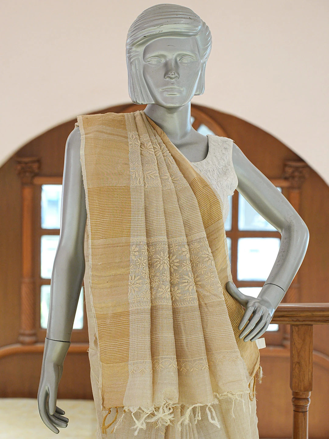 Ada Hand Embroidered Fawn Silk Lucknowi Chikankari Saree and Blouse 01A837059