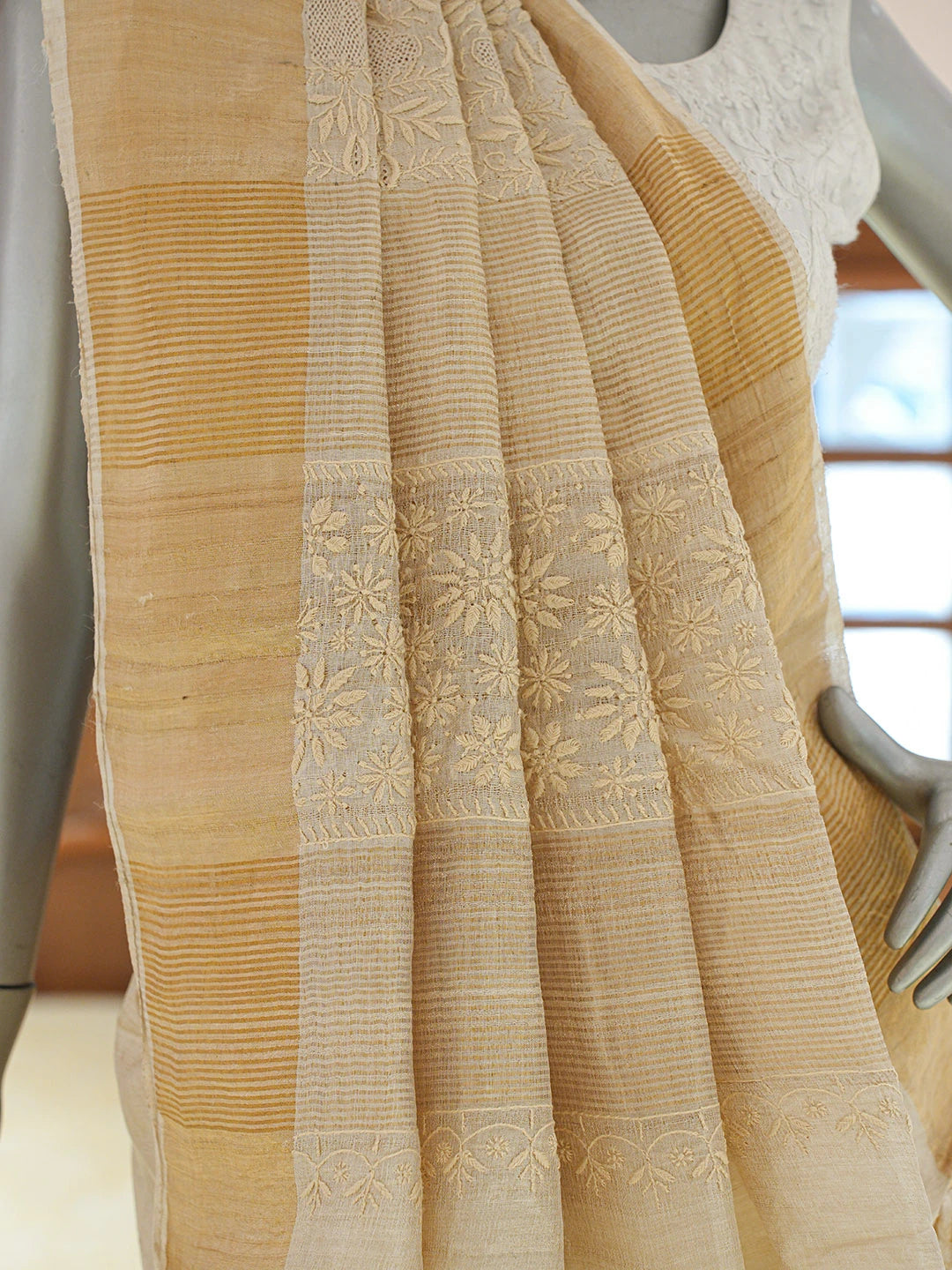 Ada Hand Embroidered Fawn Silk Lucknowi Chikankari Saree and Blouse 01A837059