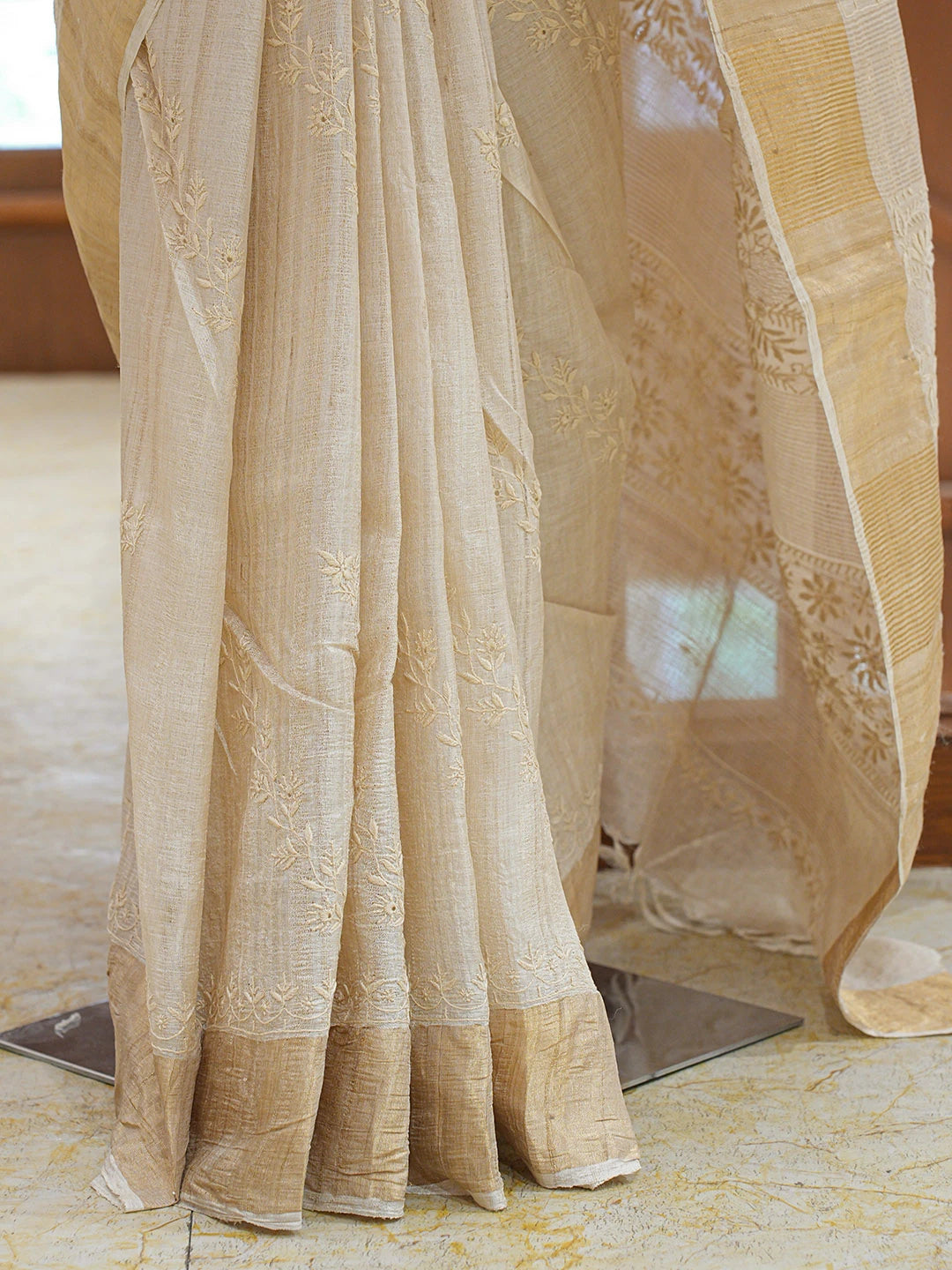 Ada Hand Embroidered Fawn Silk Lucknowi Chikankari Saree and Blouse 01A837059