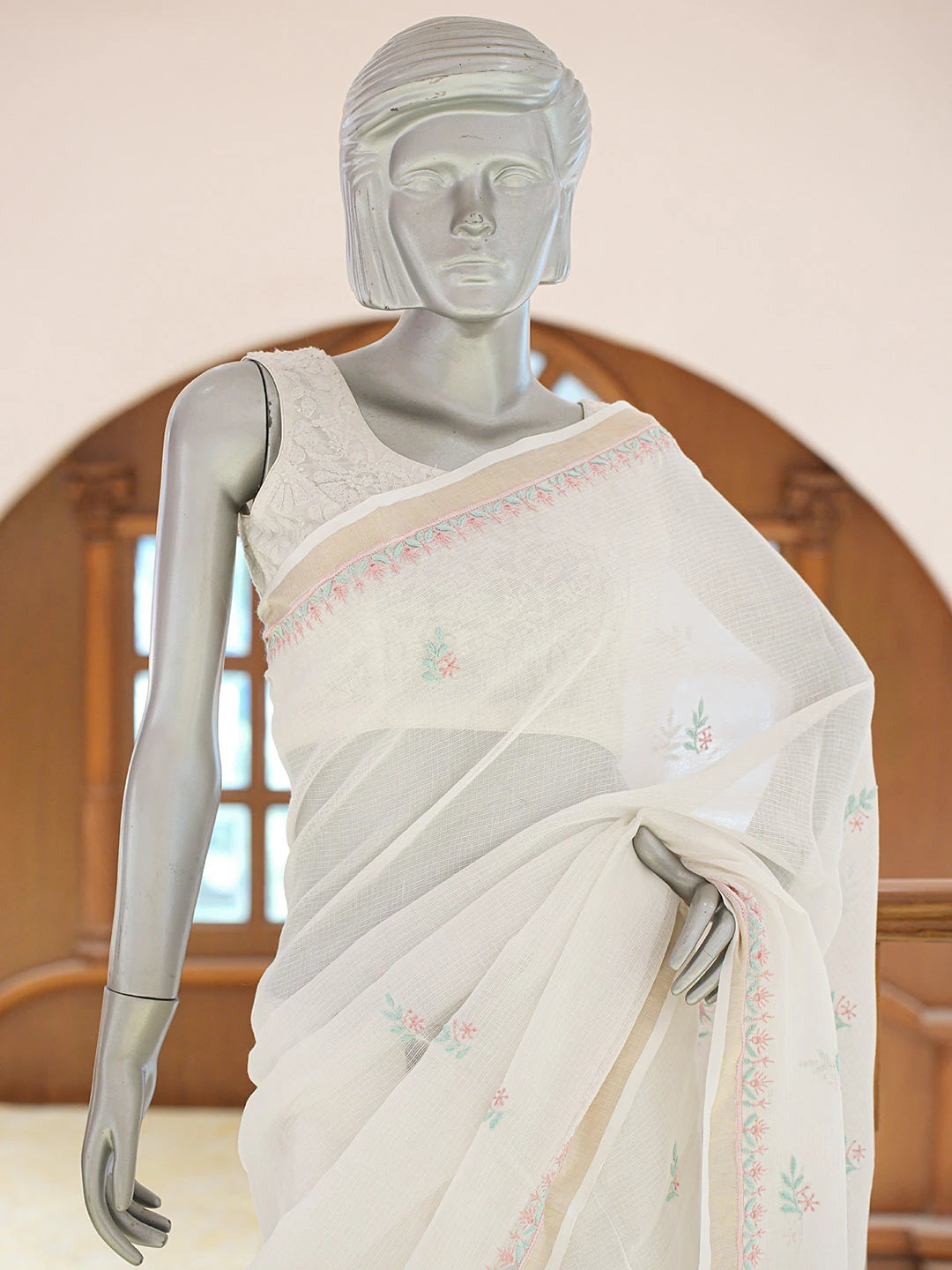 Ada Hand Embroidered White Kota Lucknowi Chikankari Saree and Blouse 01A836809