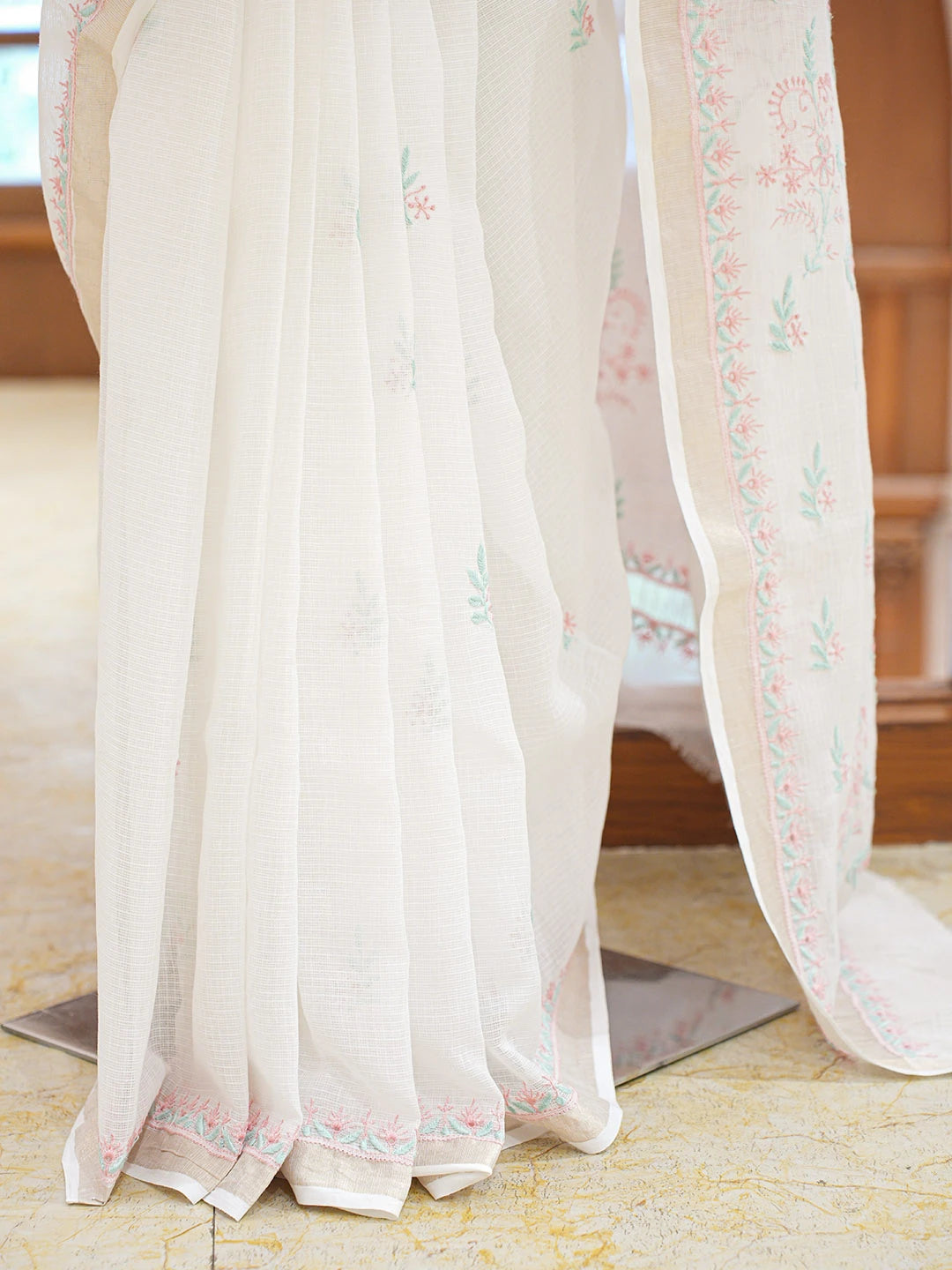 Ada Hand Embroidered White Kota Lucknowi Chikankari Saree and Blouse 01A836809