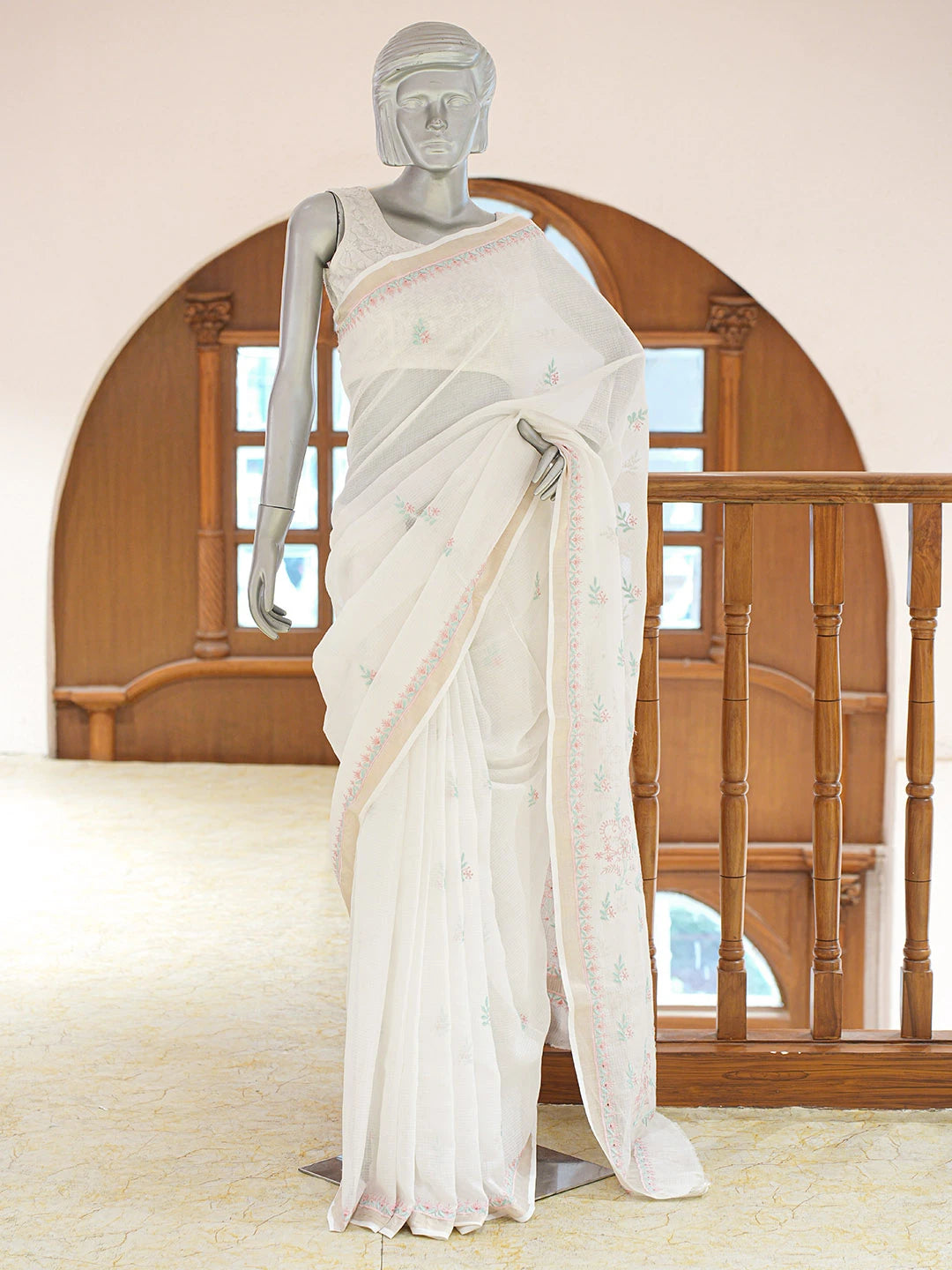 Ada Hand Embroidered White Kota Lucknowi Chikankari Saree and Blouse 01A836809
