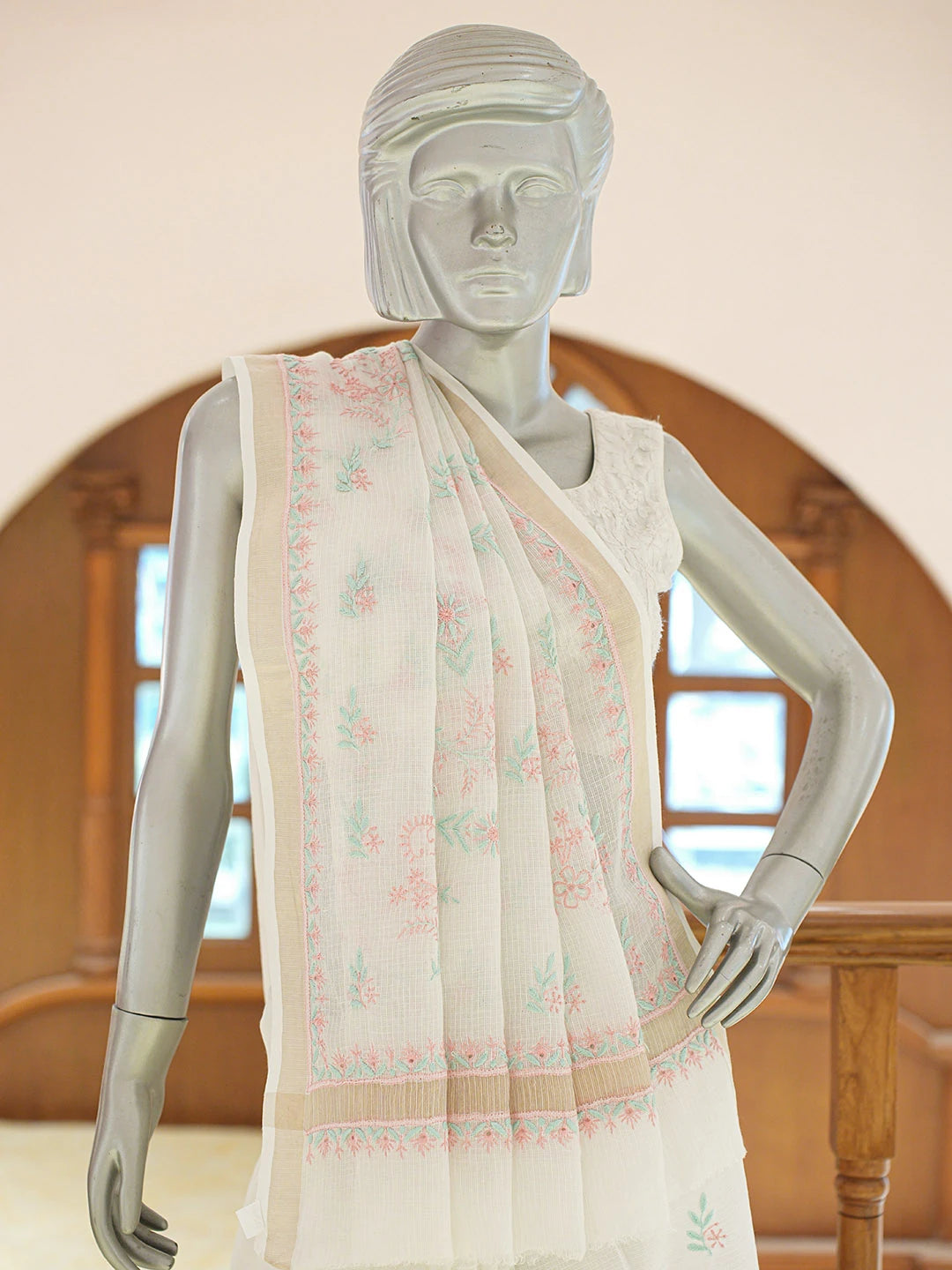 Ada Hand Embroidered White Kota Lucknowi Chikankari Saree and Blouse 01A836809