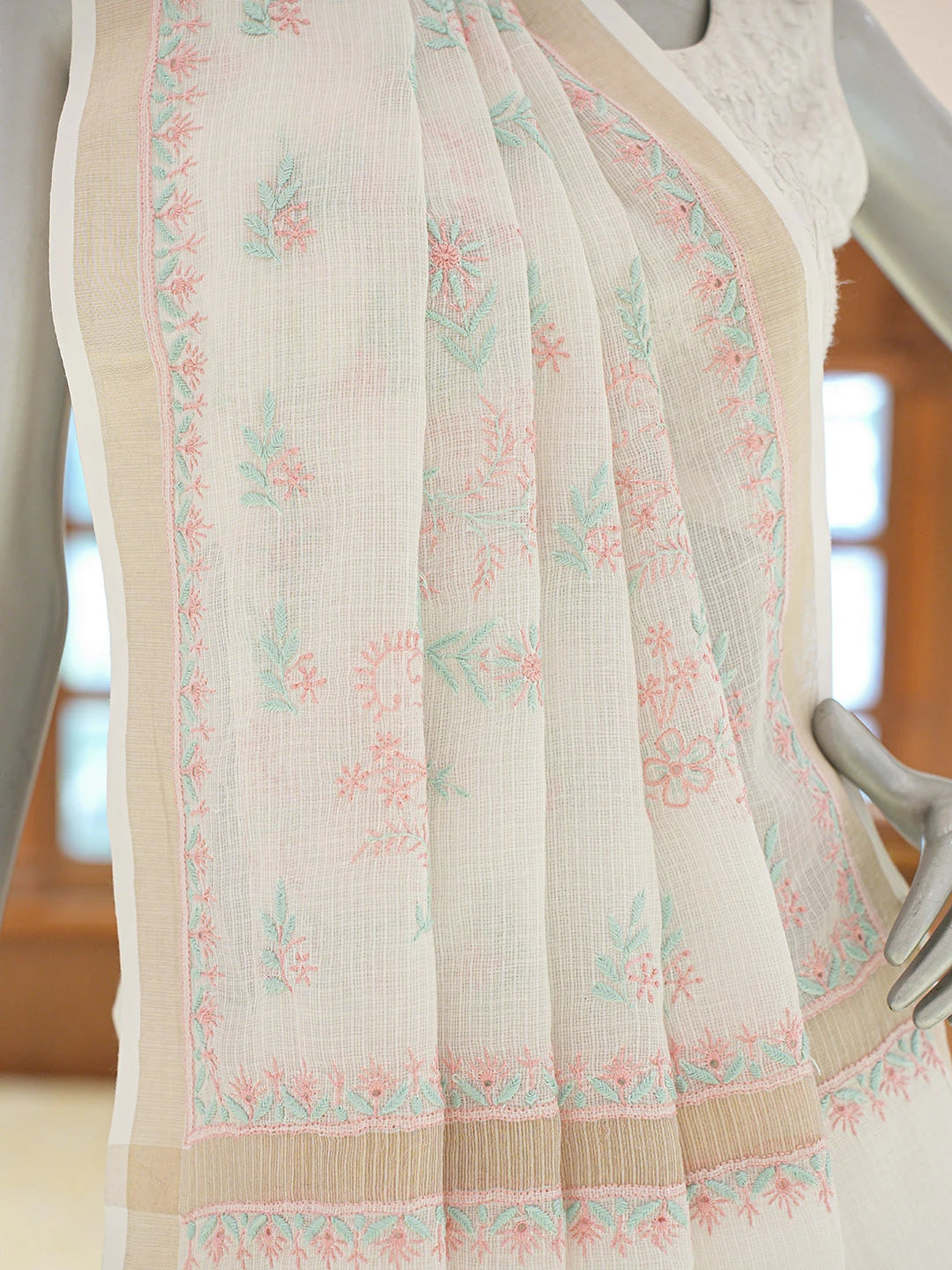 Ada Hand Embroidered White Kota Lucknowi Chikankari Saree and Blouse 01A836809