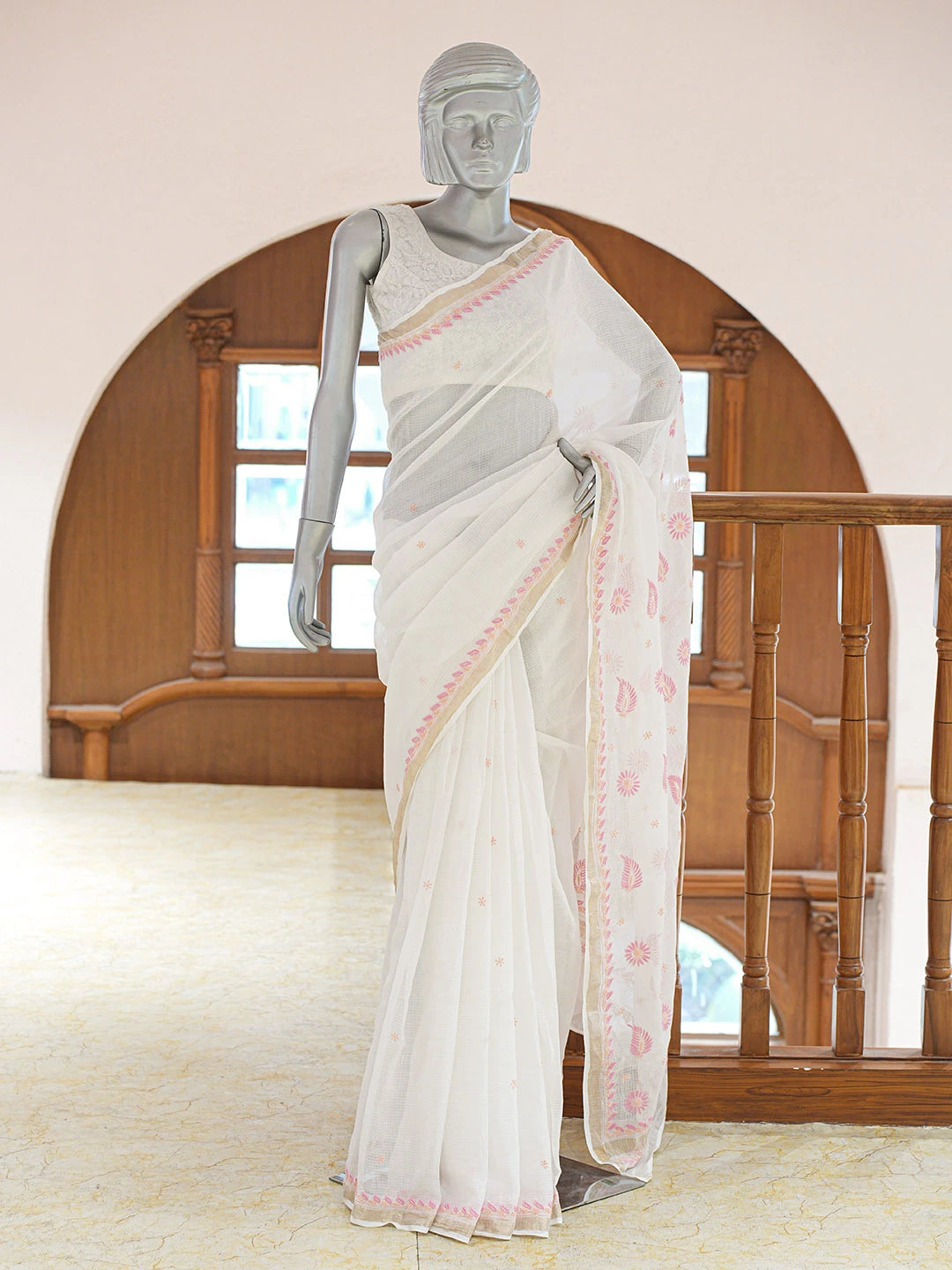 Ada Hand Embroidered White Kota Lucknowi Chikankari Saree and Blouse 01A647448