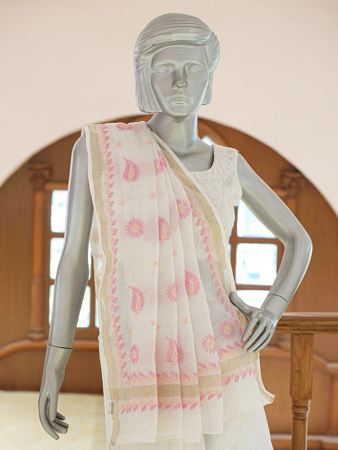 Ada Hand Embroidered White Kota Lucknowi Chikankari Saree and Blouse 01A647448