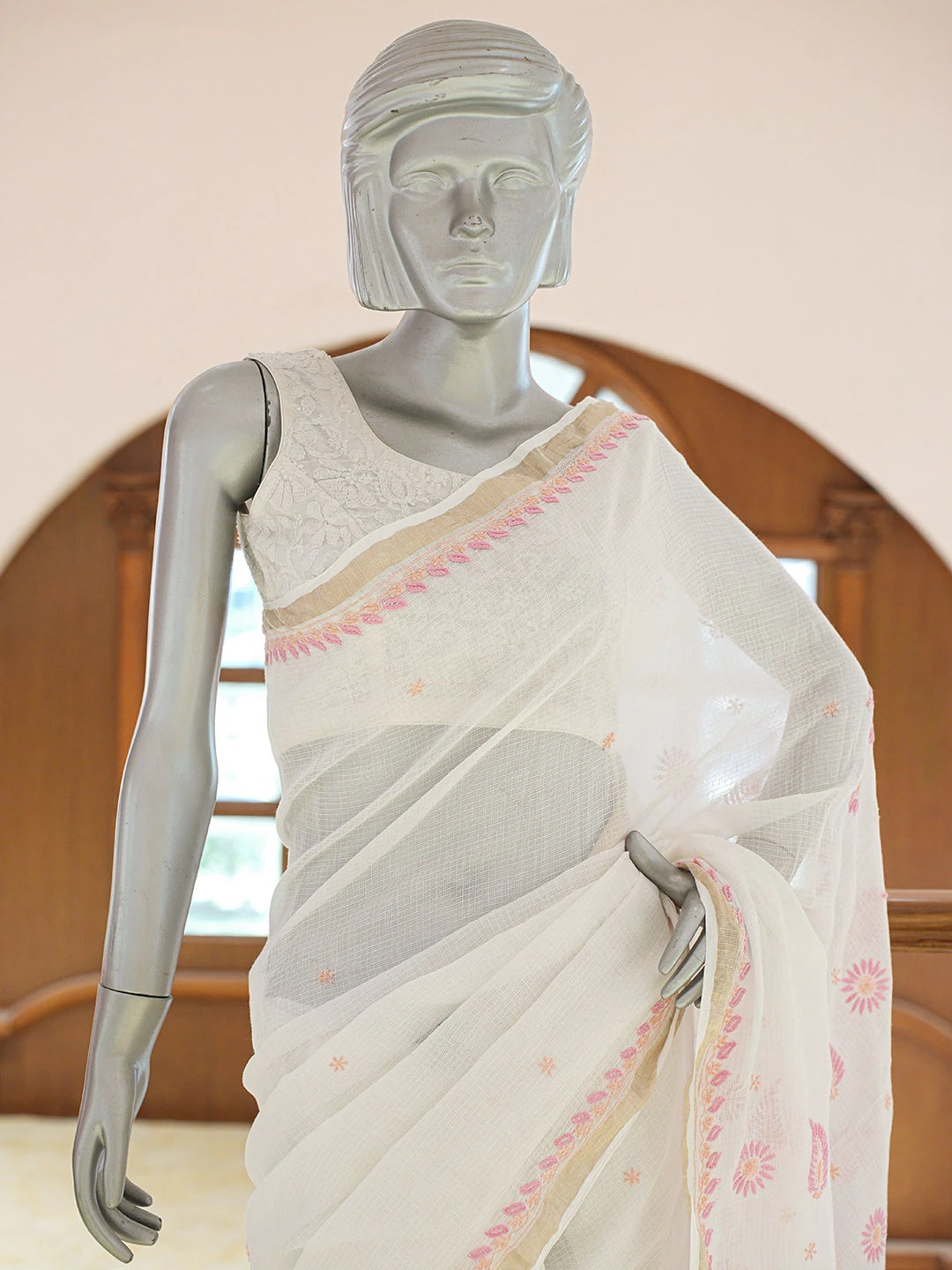 Ada Hand Embroidered White Kota Lucknowi Chikankari Saree and Blouse 01A647448
