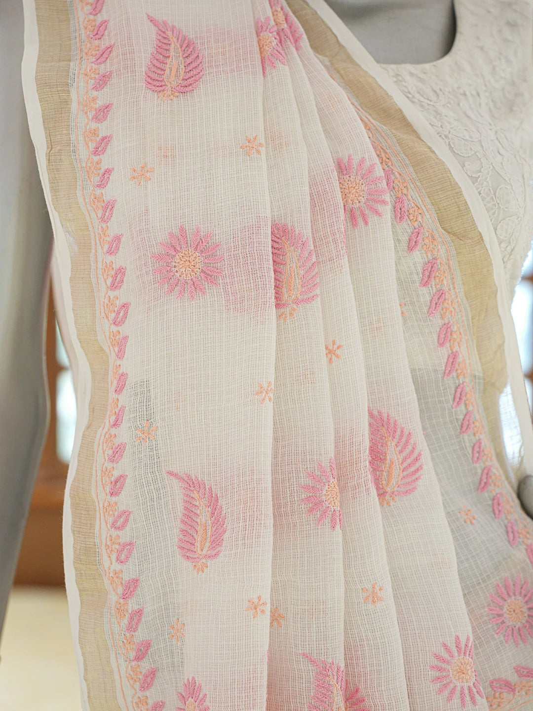 Ada Hand Embroidered White Kota Lucknowi Chikankari Saree and Blouse 01A647448