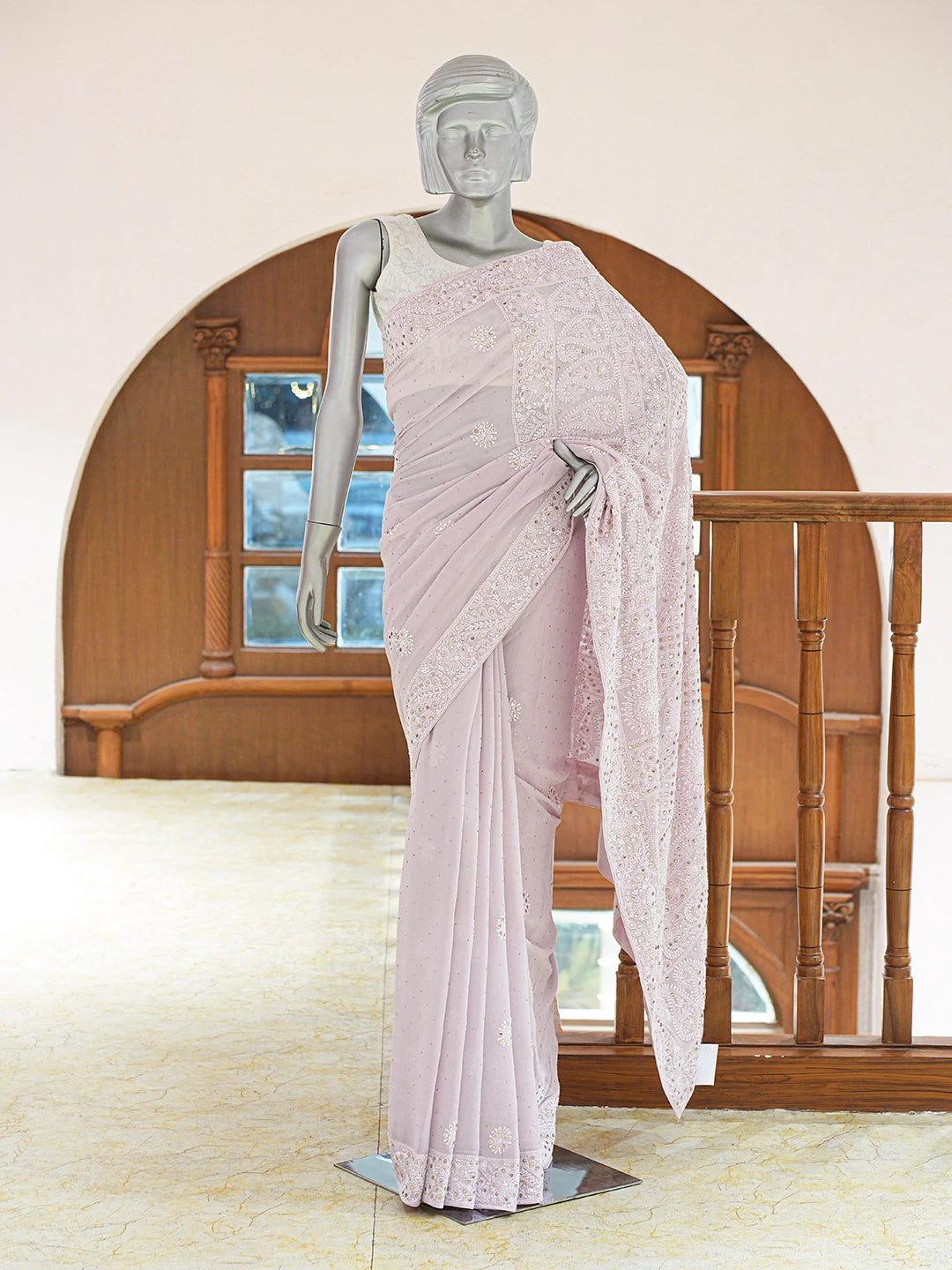 Ada Hand Embroidered Mauve Pure Georgette Lucknowi Chikankari Saree and Blouse With Muqaish Work 01A554800