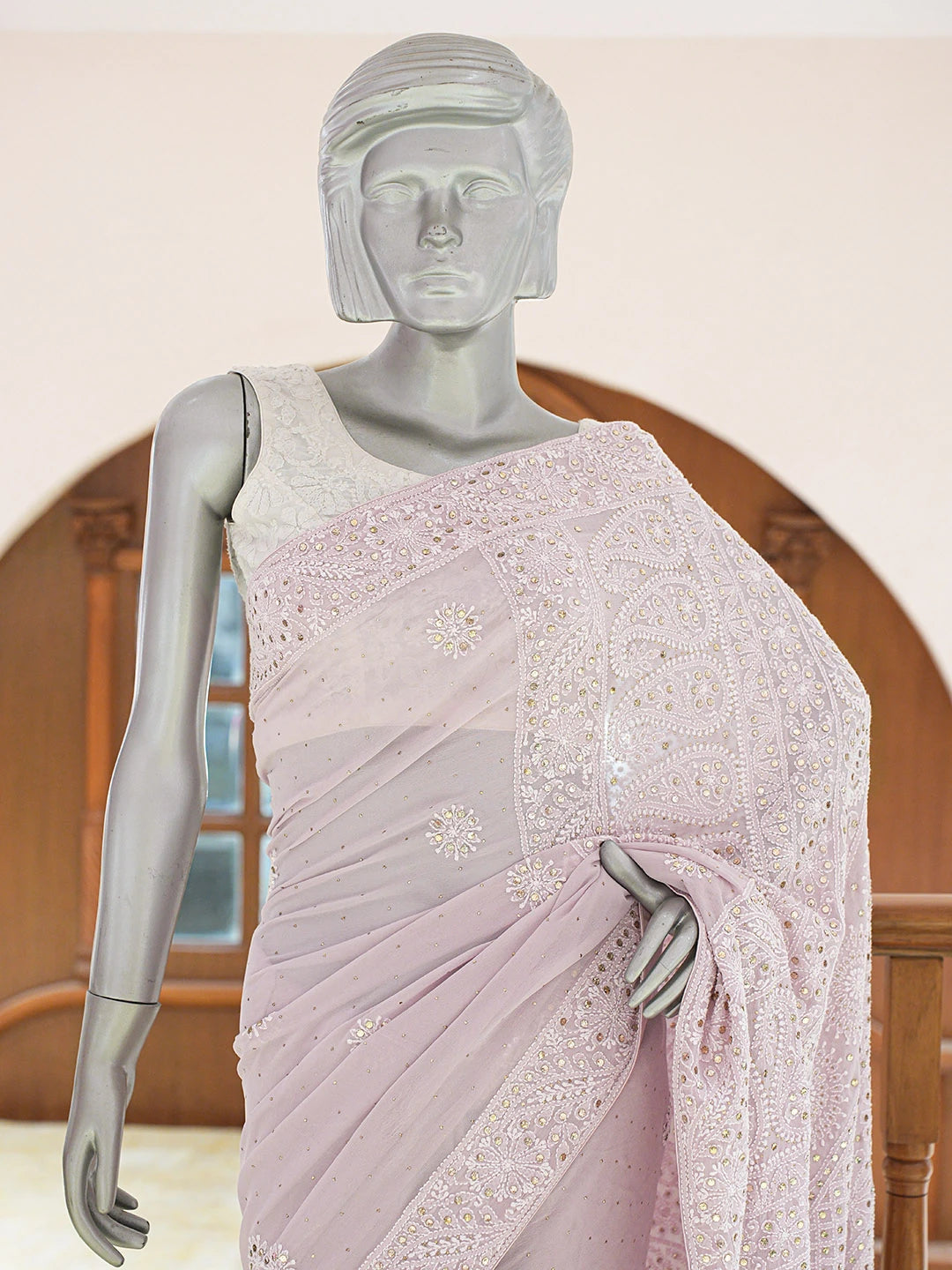 Ada Hand Embroidered Mauve Pure Georgette Lucknowi Chikankari Saree and Blouse With Muqaish Work 01A554800