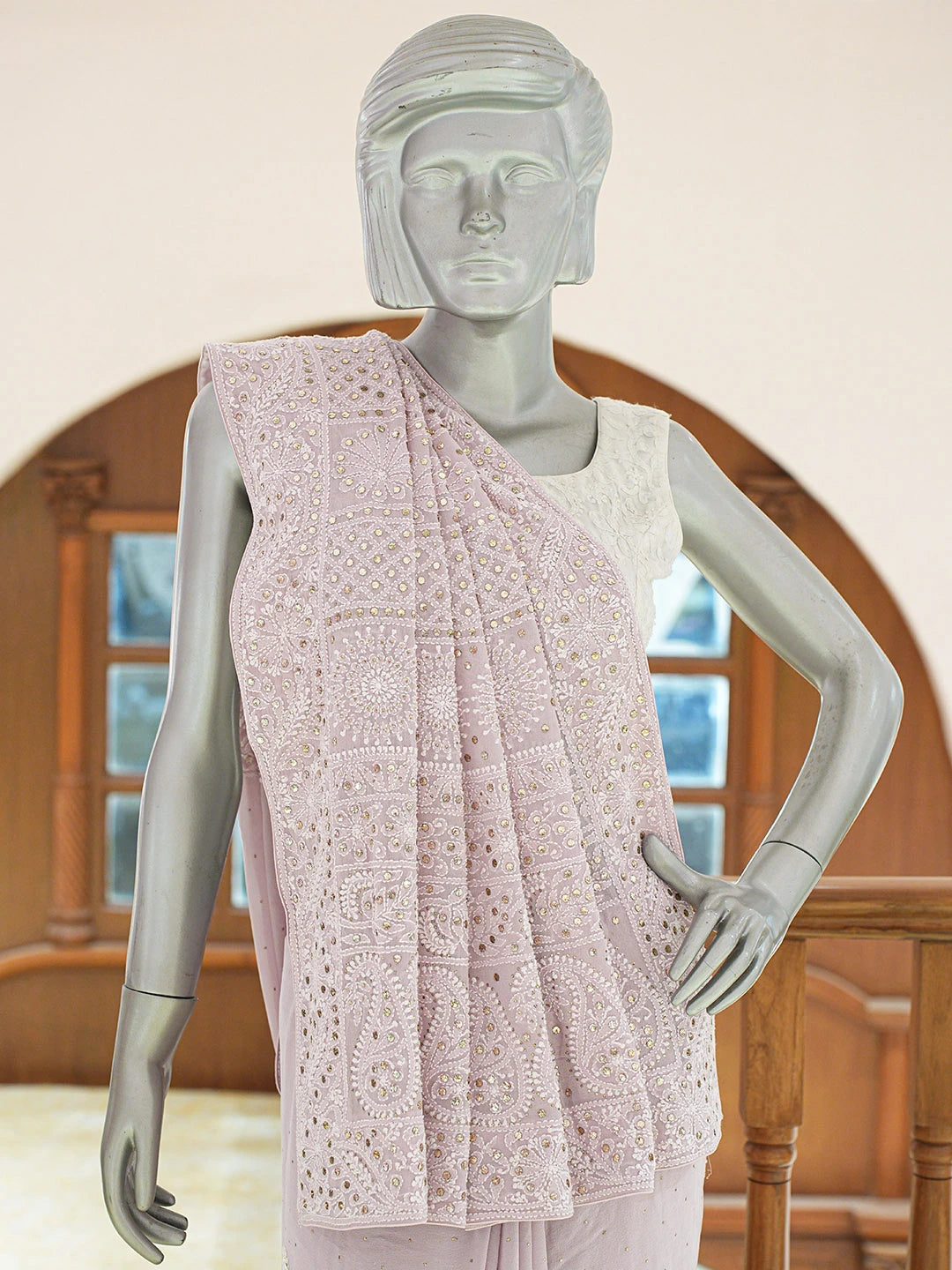 Ada Hand Embroidered Mauve Pure Georgette Lucknowi Chikankari Saree and Blouse With Muqaish Work 01A554800