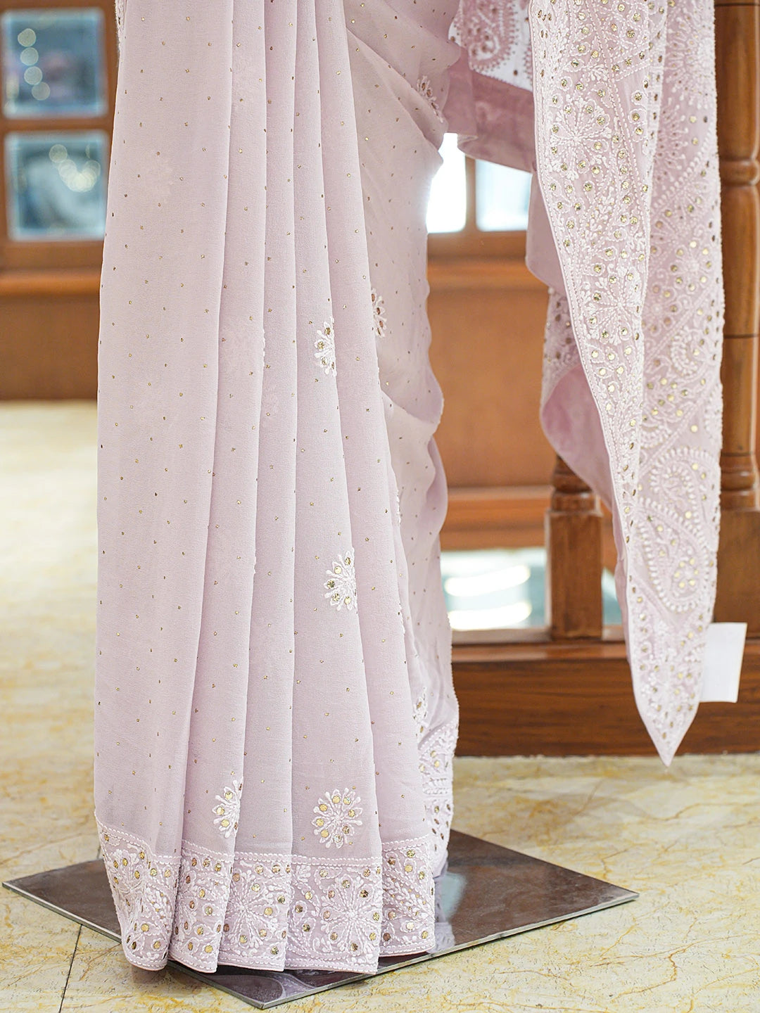 Ada Hand Embroidered Mauve Pure Georgette Lucknowi Chikankari Saree and Blouse With Muqaish Work 01A554800