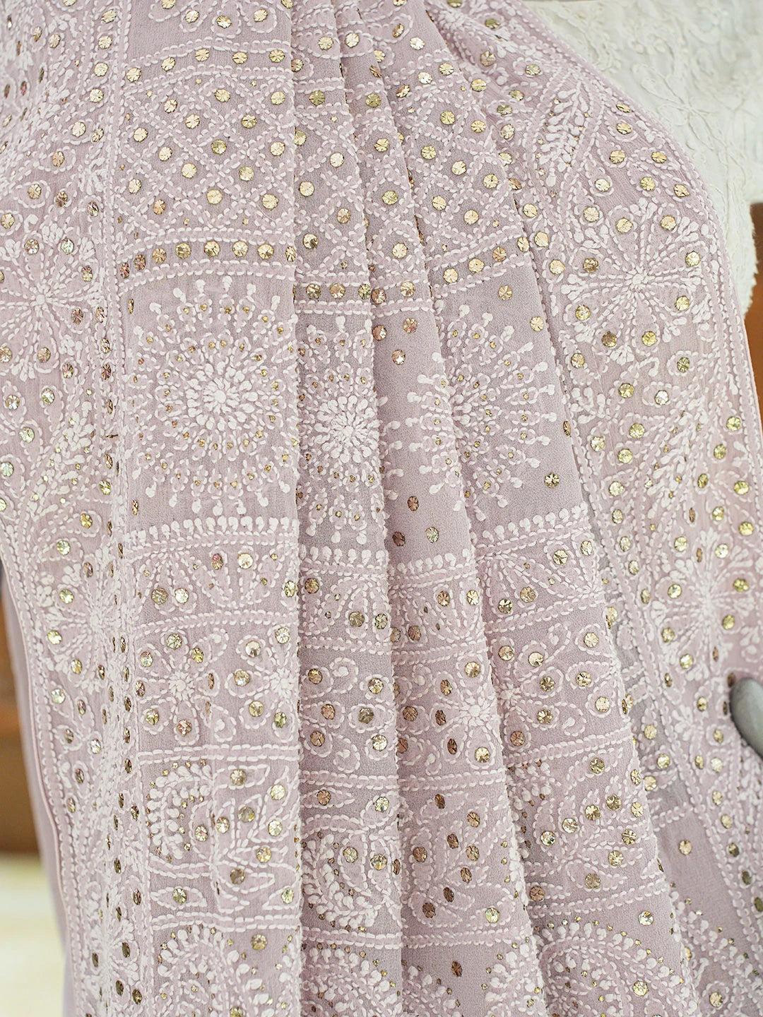 Ada Hand Embroidered Mauve Pure Georgette Lucknowi Chikankari Saree and Blouse With Muqaish Work 01A554800