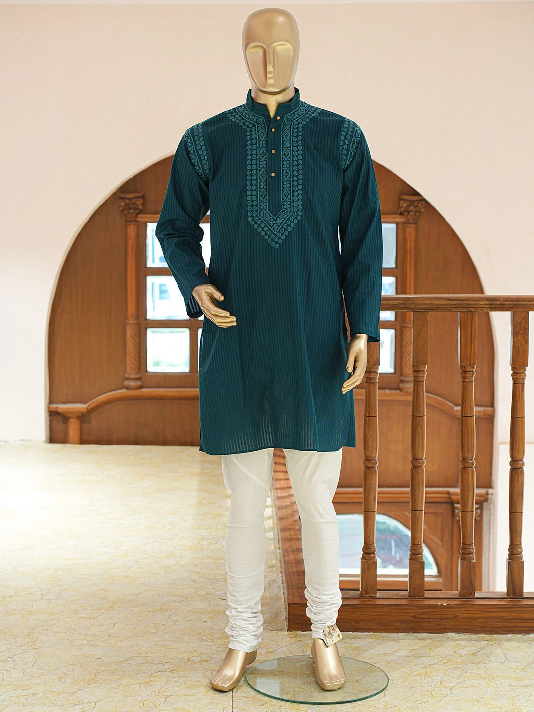Ada Hand Embroidered Rama Green Cotton Lucknowi Chikankari Stitched Men's Kurta Piece 01A828743
