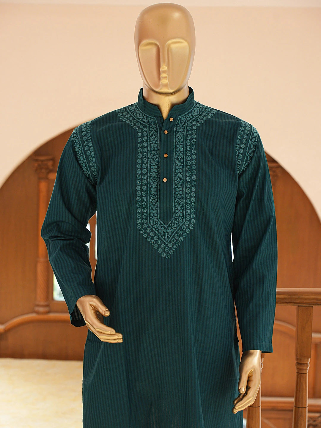 Ada Hand Embroidered Rama Green Cotton Lucknowi Chikankari Stitched Men's Kurta Piece 01A828743