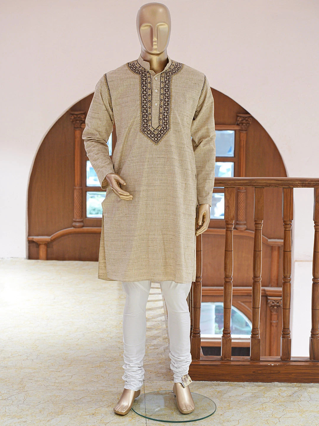 Ada Hand Embroidered Fawn Khadi Cotton Lucknowi Chikankari Stitched Men's Kurta Piece 01A841588