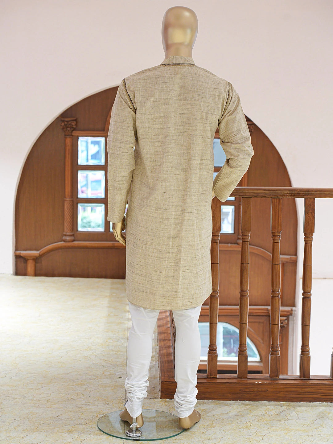 Ada Hand Embroidered Fawn Khadi Cotton Lucknowi Chikankari Stitched Men's Kurta Piece 01A841588